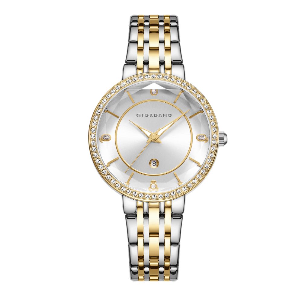 Giordano Stylish Analog Watch for Women – Round cut glass Dial,diamond studed bezel, stainess steel strap and date display | GZ-60110-22