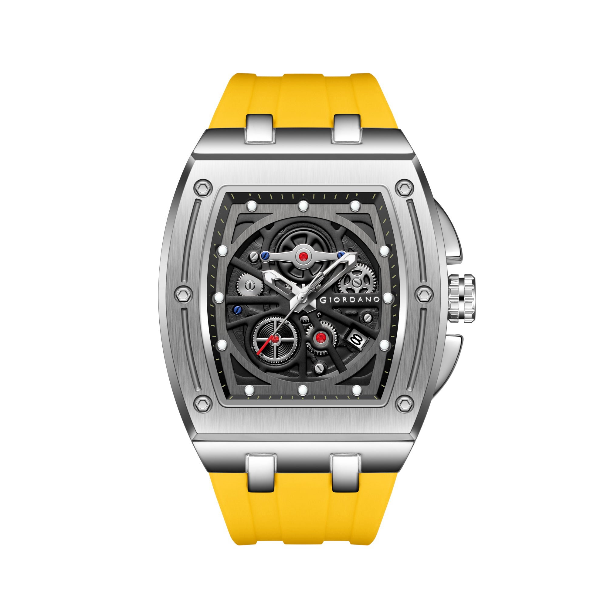 Giordano Sqaure Analog Casual Sporty Watch for Men – Mechanical-Inspired Dial, Date Display, Quartz Movement and Comfortable Silicone Strap | GZ-50151-04