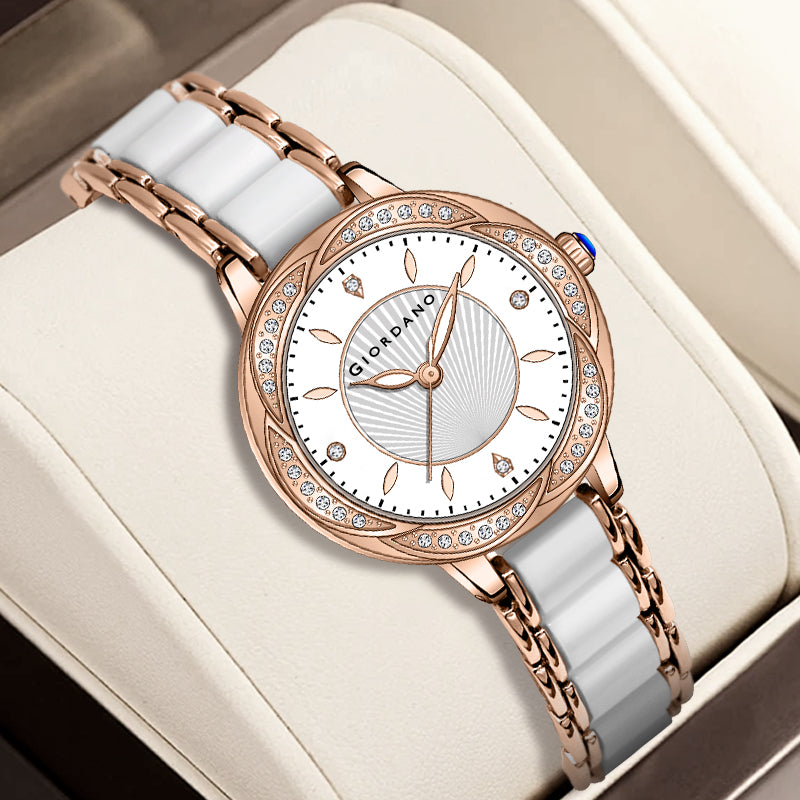 Giordano Flower Case Watch for Women with Crystal-Studded Bezel, Diamond Hour Markers & Dual Tone Stainless Strap | GZ-60095-33