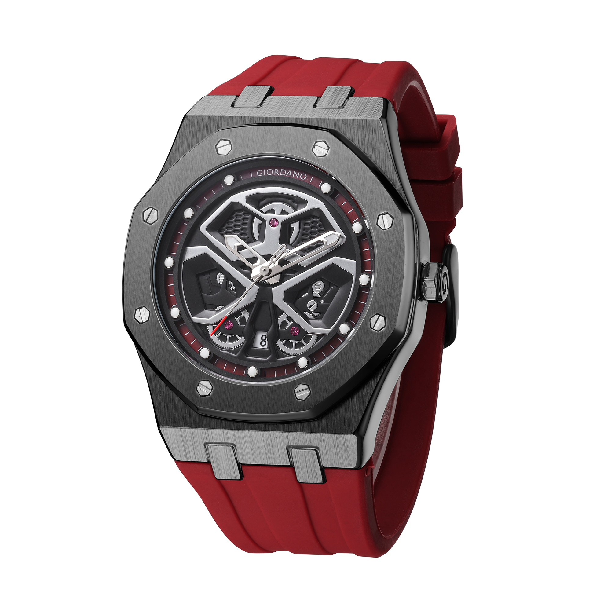 Giordano Skeleton style Dial Analog Watch for Men– Luxury Sport Watch with Silicone Strap & Brushed Metal Case – Bold & Modern Design | GZ-50146-04