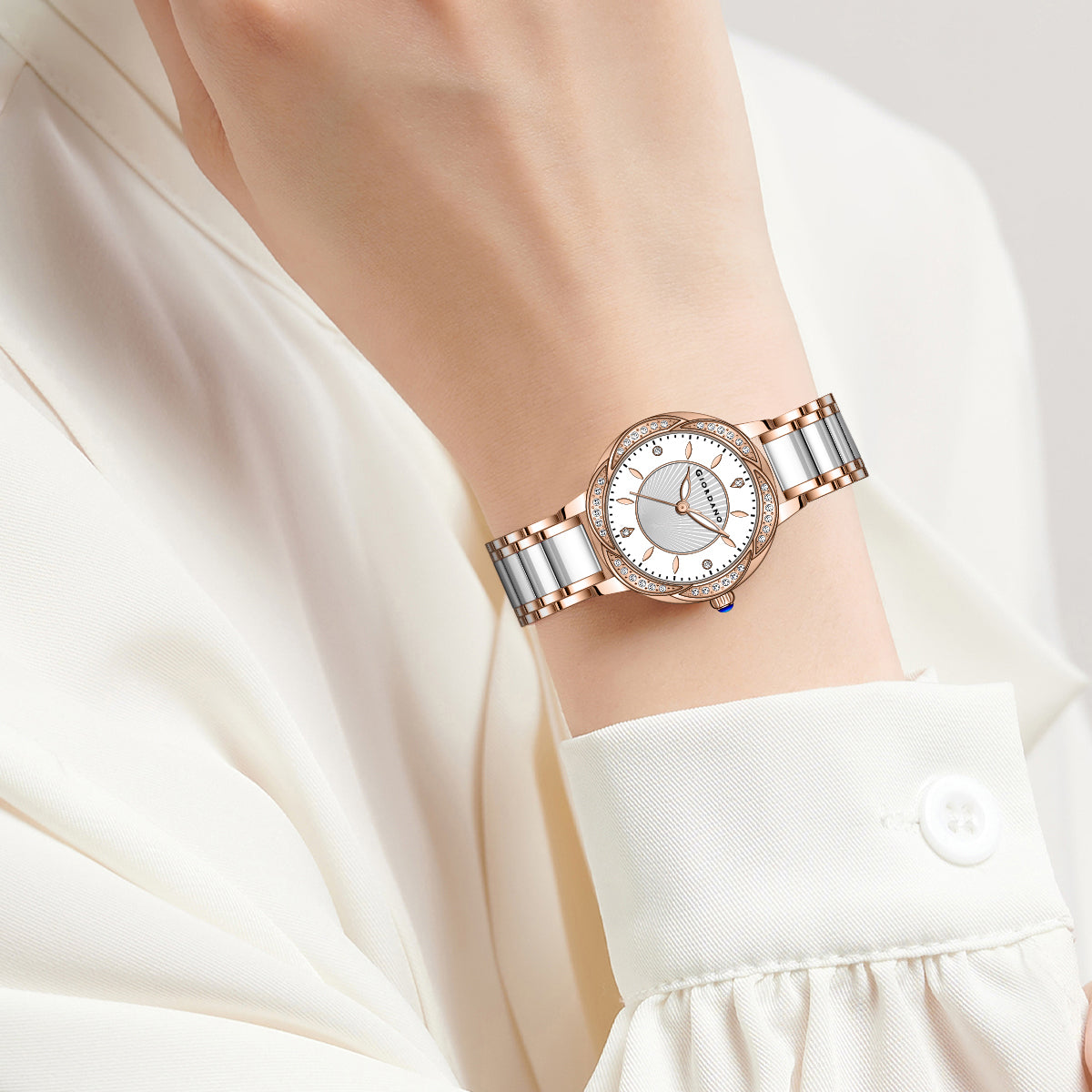 Giordano Flower Case Watch for Women with Crystal-Studded Bezel, Diamond Hour Markers & Dual Tone Stainless Strap | GZ-60095-33