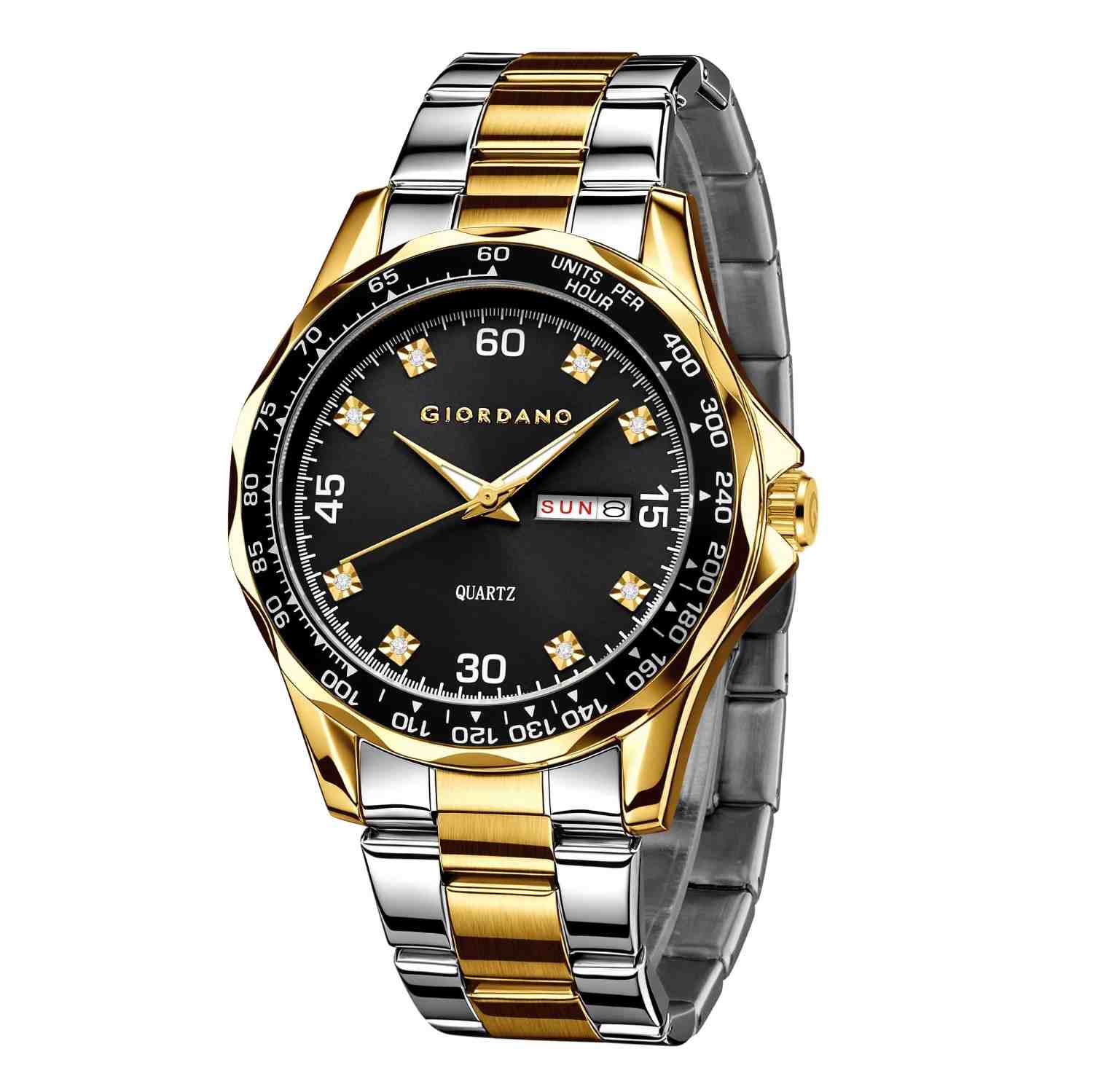 GIORDANO Two-Tone Analog Watch for Men - Crystal Hour Markers, Textured Bezel Design,  Day & Date Display, Stainless Steel Strap, Quartz Movement - GZ-50177-11