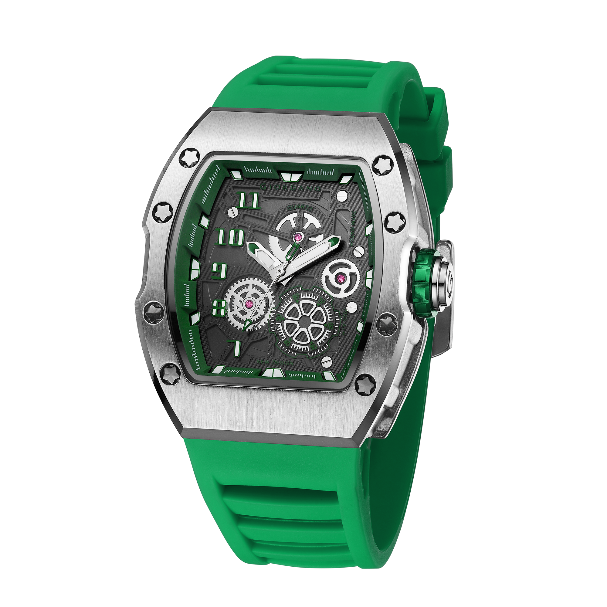 Giordano Sqaure Analog Casual Sporty Watch for Men – Mechanical-Inspired Design dial, Quartz Movement, silicon strap and date display | GZ-50150-03