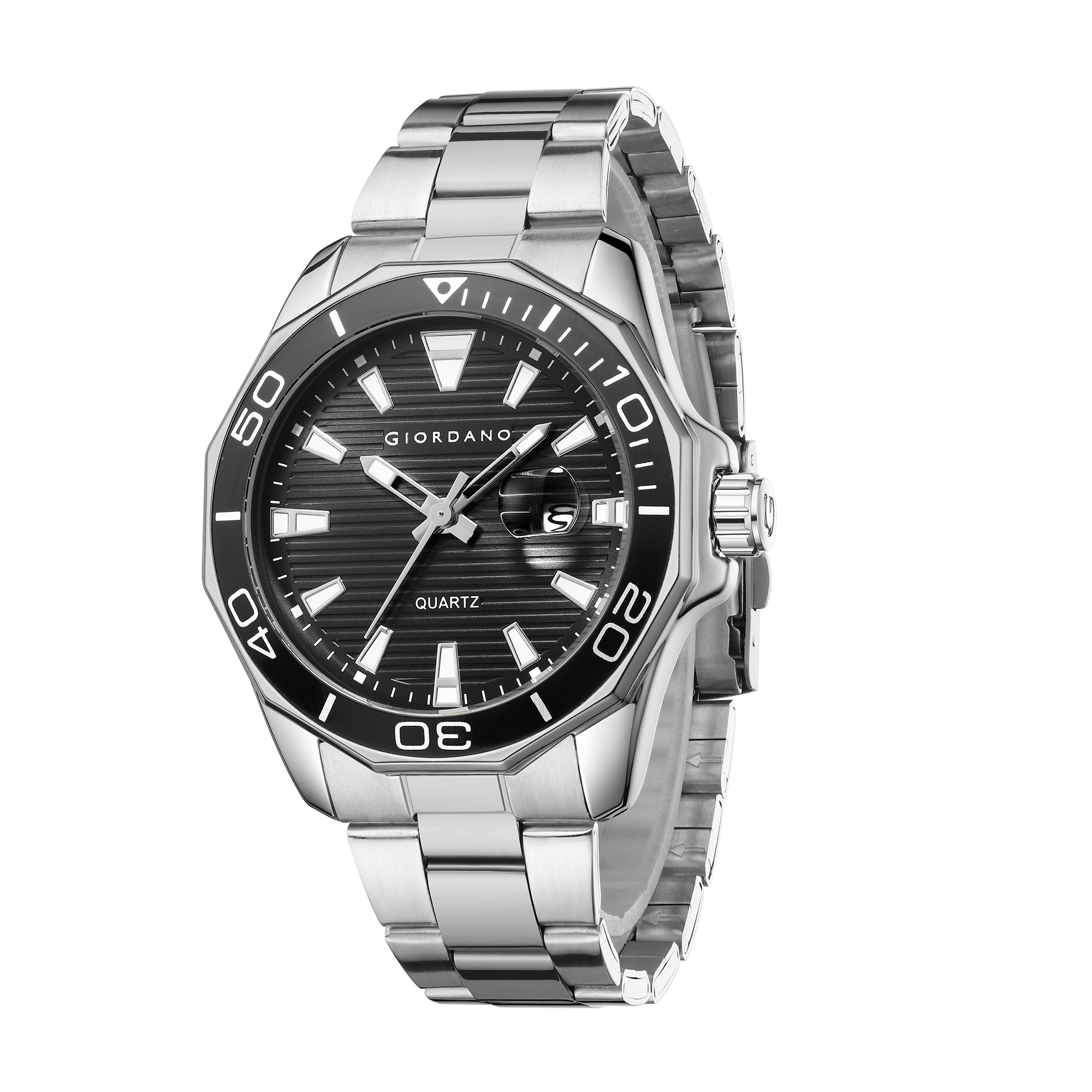 Giordano Stainless Steel Analog Watch for Men – Classic Sporty Design | Textured Dial, Quartz Movement and Date Display with Magnifier | GZ-50149-11