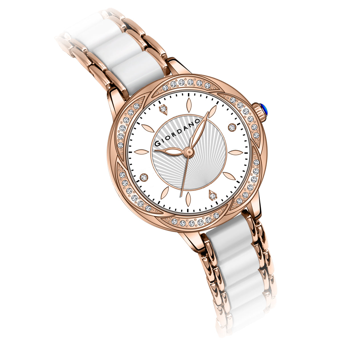 Giordano Flower Case Watch for Women with Crystal-Studded Bezel, Diamond Hour Markers & Dual Tone Stainless Strap | GZ-60095-33