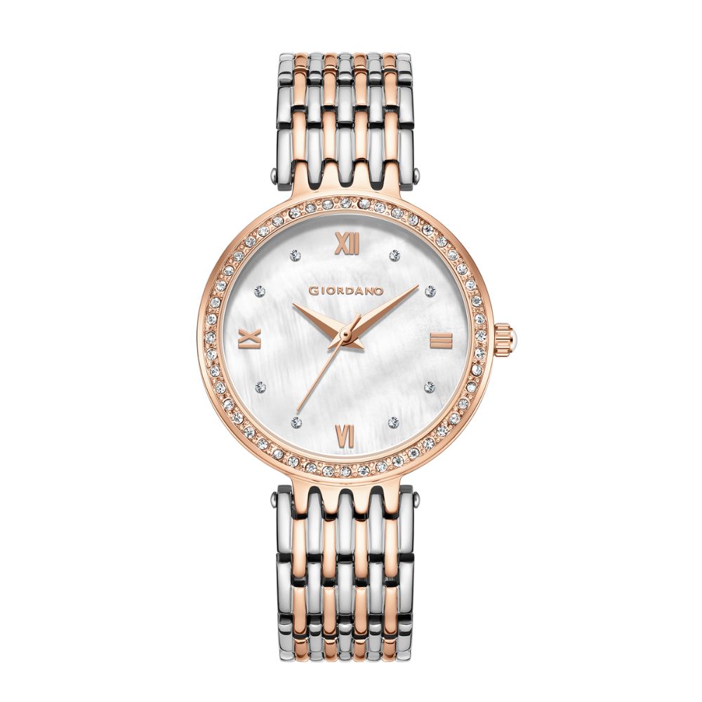Giordano Analog Watch for Women with Stainless Steel Strap and Crystal Embellished Bezel, Roman Numerals | A2060-66