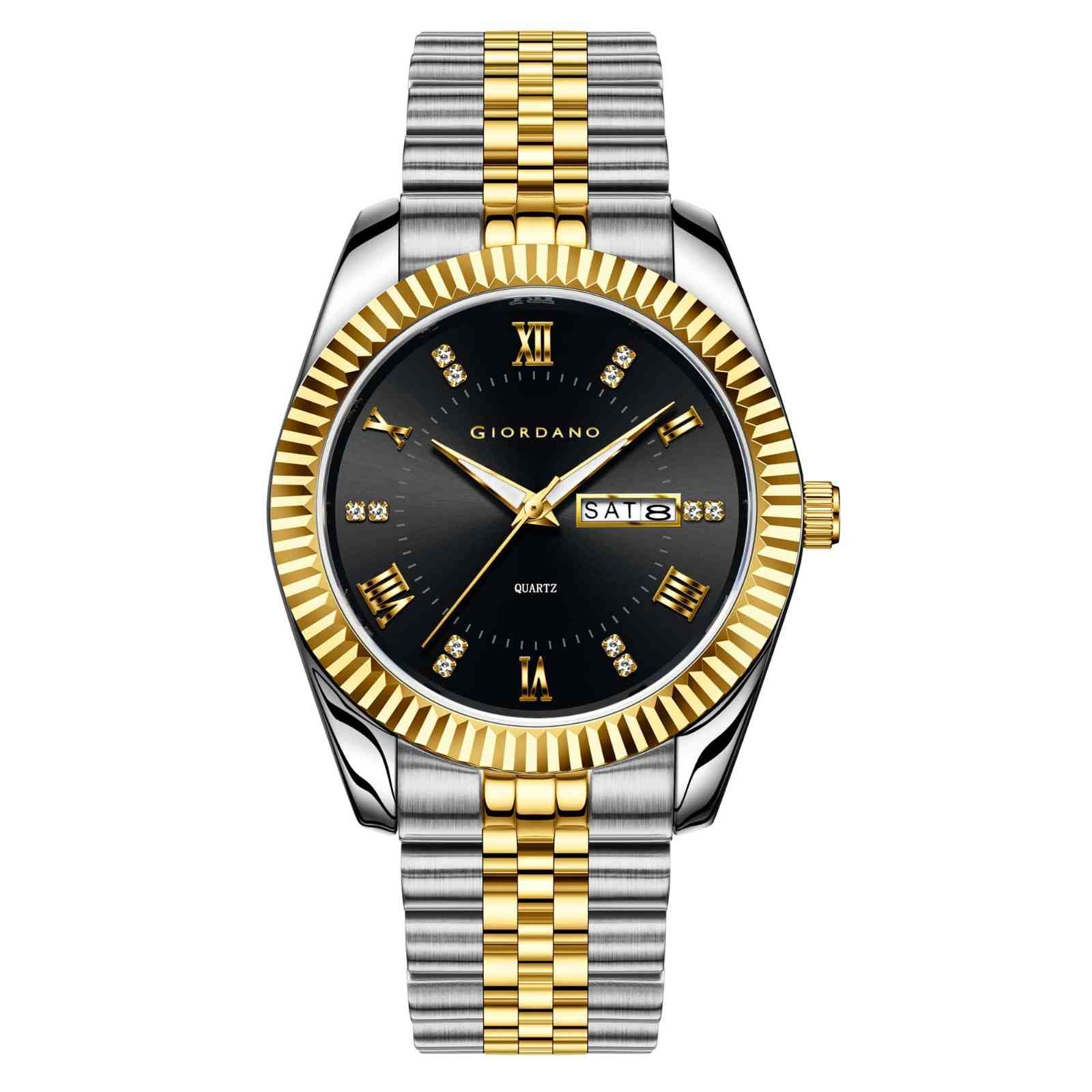 GIORDANO Analog Watch for Men – Luxury Two-Tone Stainless Steel Strap, Gold Accents, Crystal Hour Markers, Fluted Bezel, and Day-Date Display - GZ-50173-11