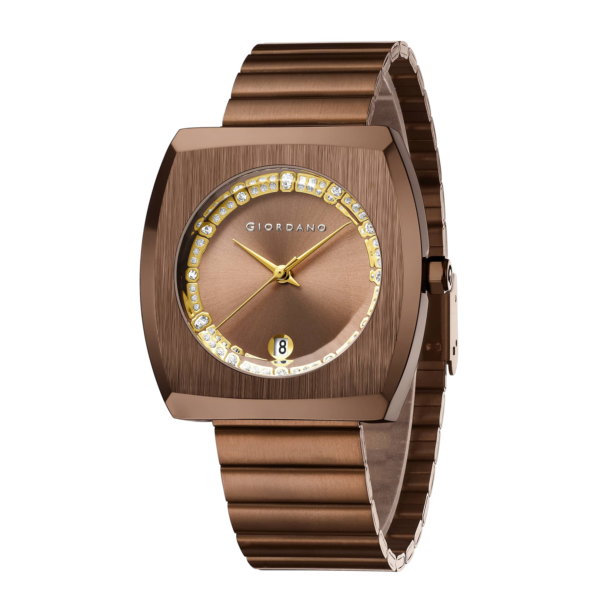 Giordano Square Analog Watch for men –  Sunray gloss Dial with Crystal Hour Markers, Date Display & Stainless Steel Strap – Stylish Luxury Timepiece | GZ-50155-44