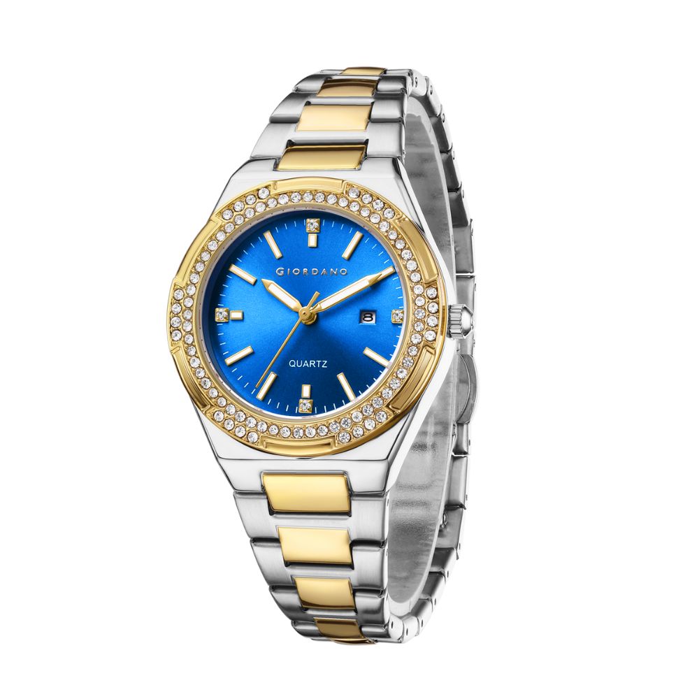 Giordano Analog watch for women with Crystal Bezel, round gloss finish dial, stainless steel strap and date display | GZ-60112-44