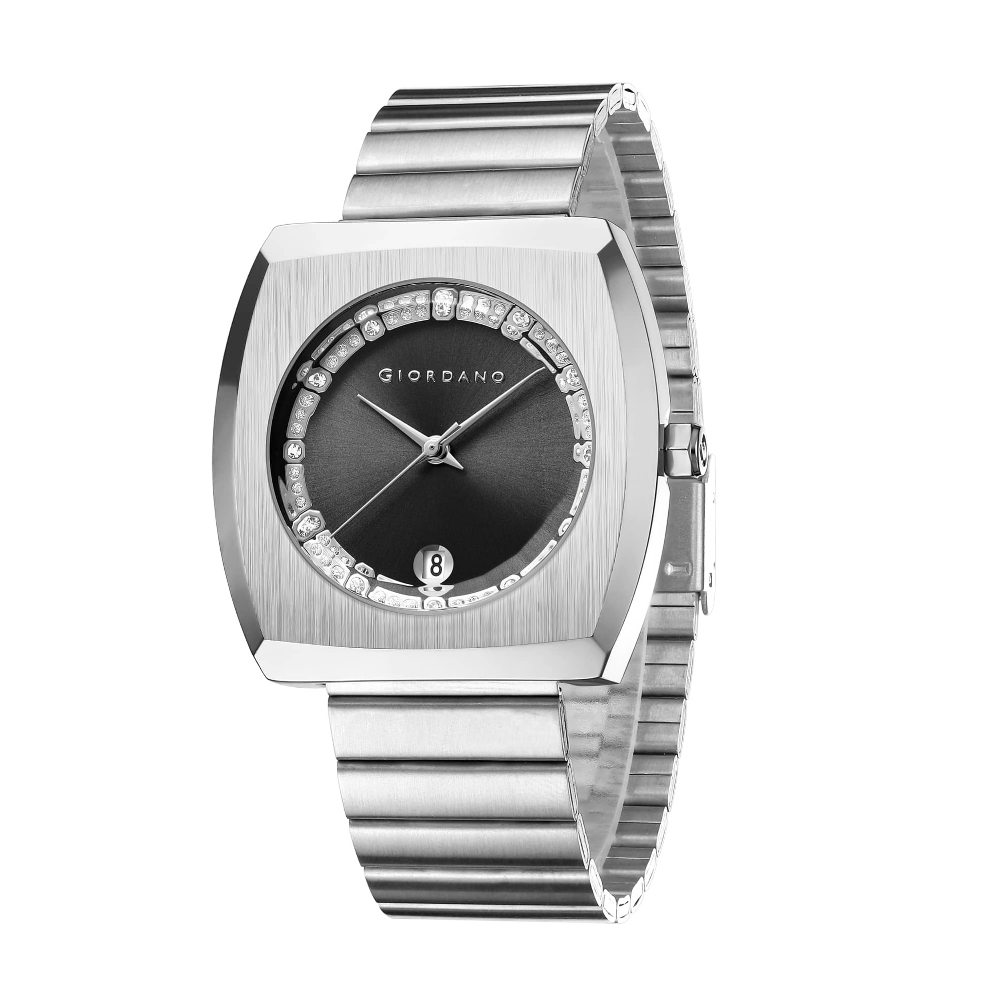 Giordano Square Analog Watch for men –  Sunray gloss Dial with Crystal Hour Markers, Date Display & Stainless Steel Strap – Stylish Luxury Timepiece | GZ-50155-11