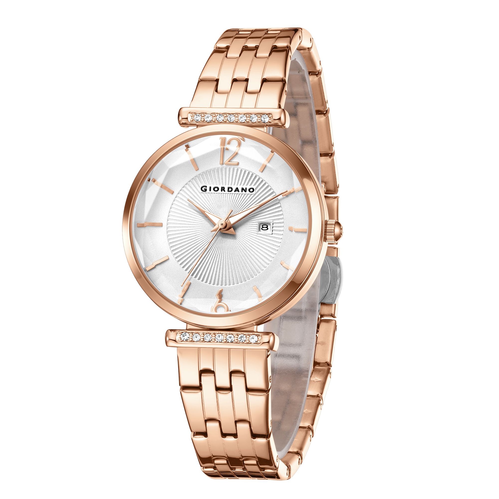 Giordano Exquisite Analog  Watch for Women with Round cut glass Textured Dial, Stainless Steel strap and date display | GZ-60111-33