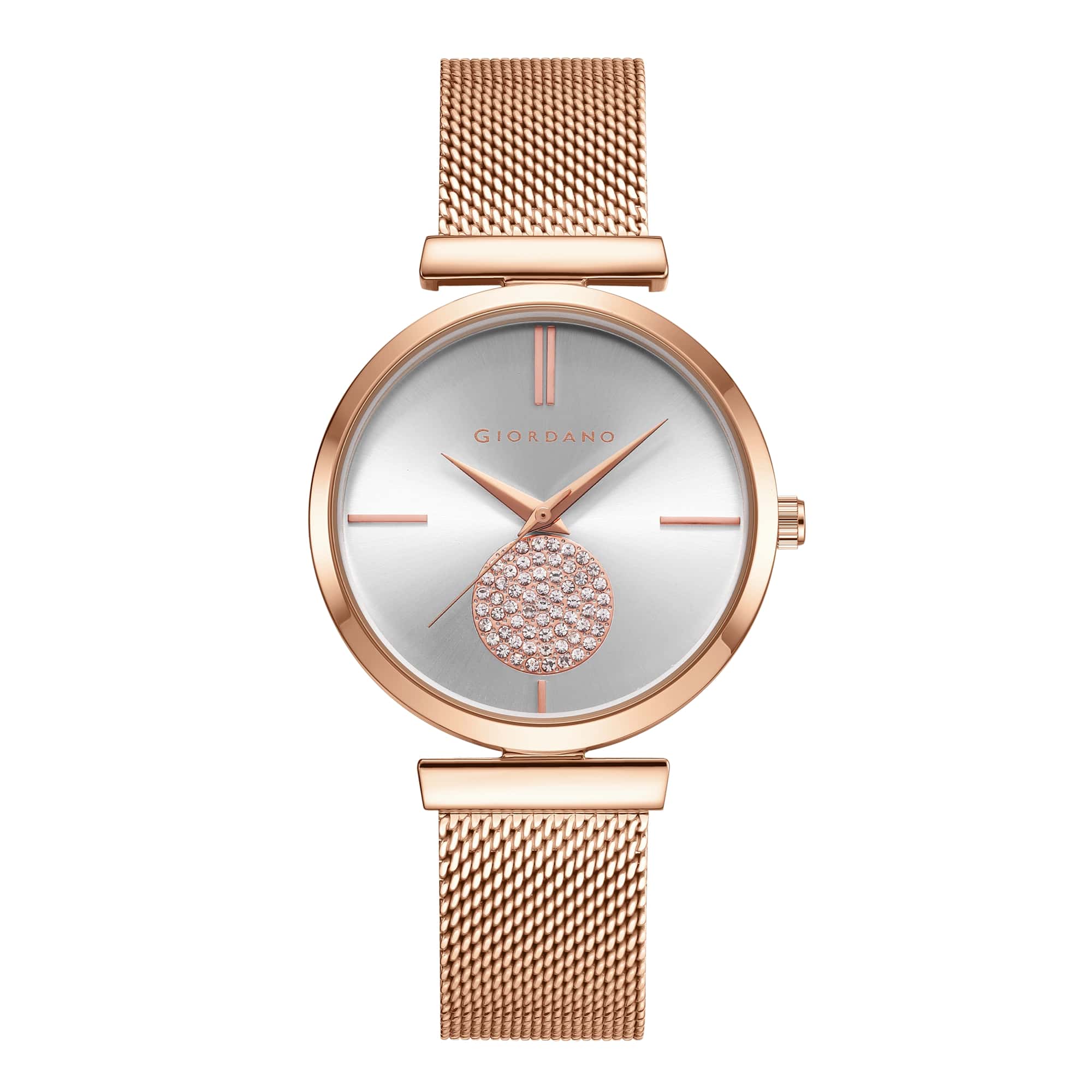 Giordano Eleganza Collection Analog Watch for Women with Crystal Studded Dial and Metallic Mesh Strap GD-4066-22