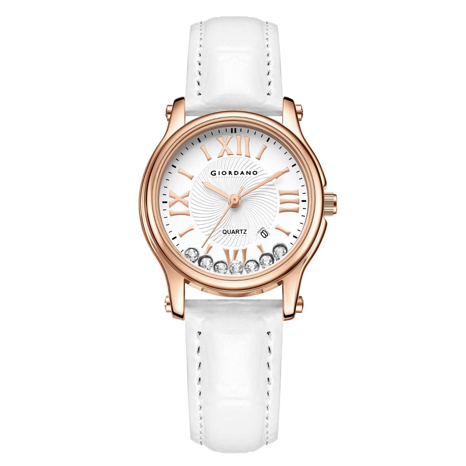 Giordano Luxury Analog Quartz Watch for Women – Rose Gold Case, Roman Numerals, Crystal-Studded Dial, Leather Strap – Elegant Timepiece - GZ-60142-33