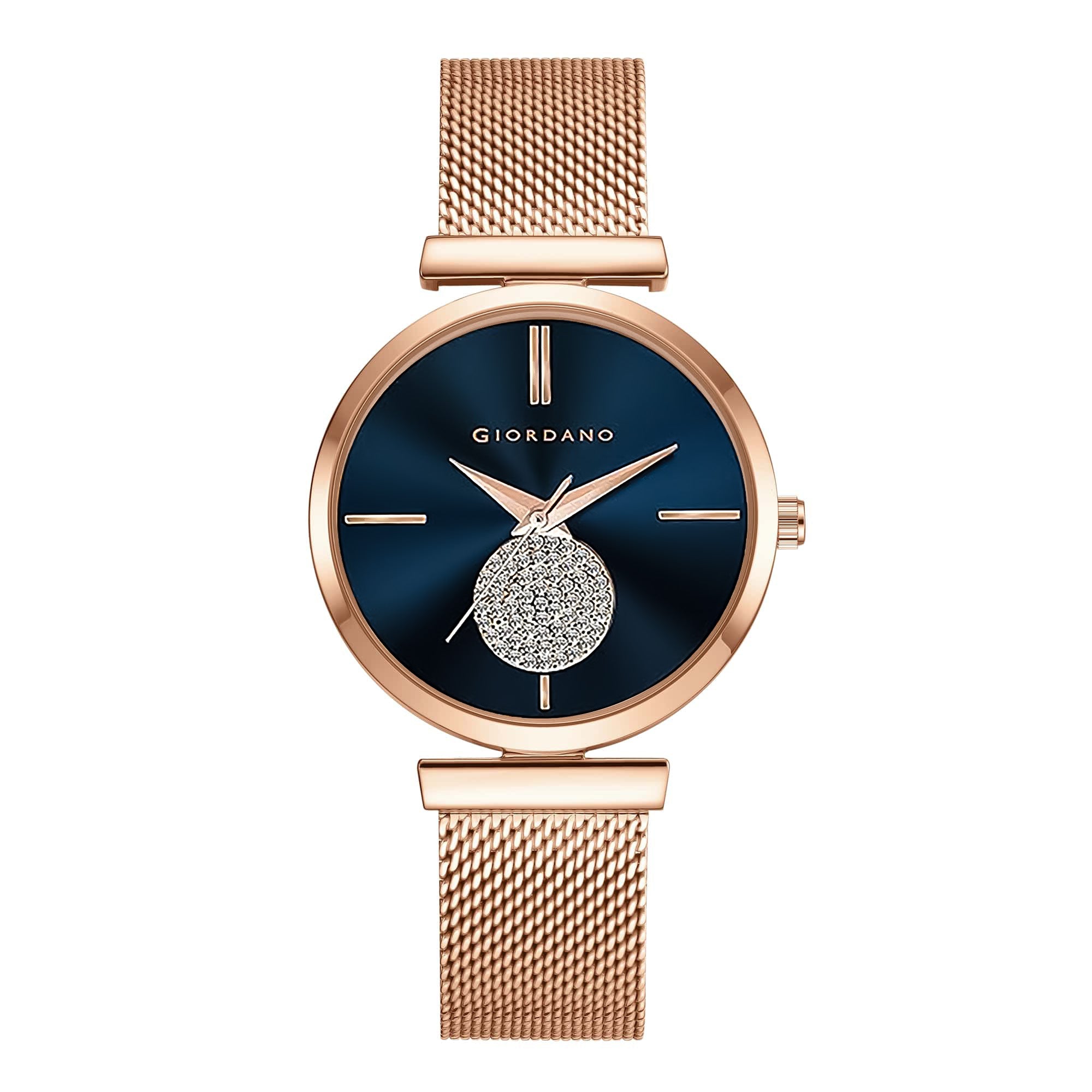 Giordano Eleganza Collection Analog Watch for Women with Crystal Studded Dial and Metallic Mesh Strap GD-4066-44