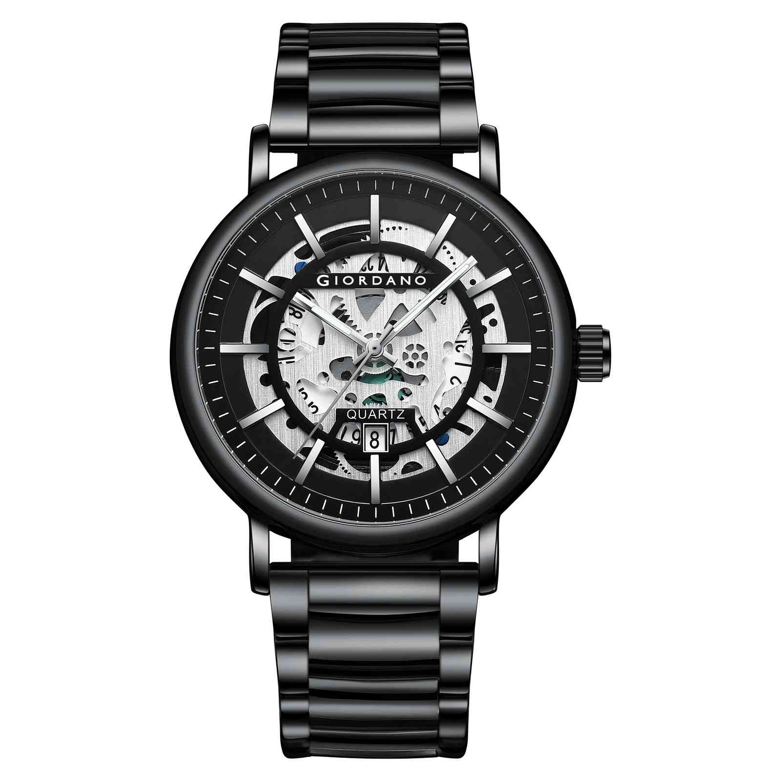 GIORDANO Classic Skeleton Design Watch for Men with Super Luminous Hands, Stainless Steel Strap, and Date Display - GZ-50182-11