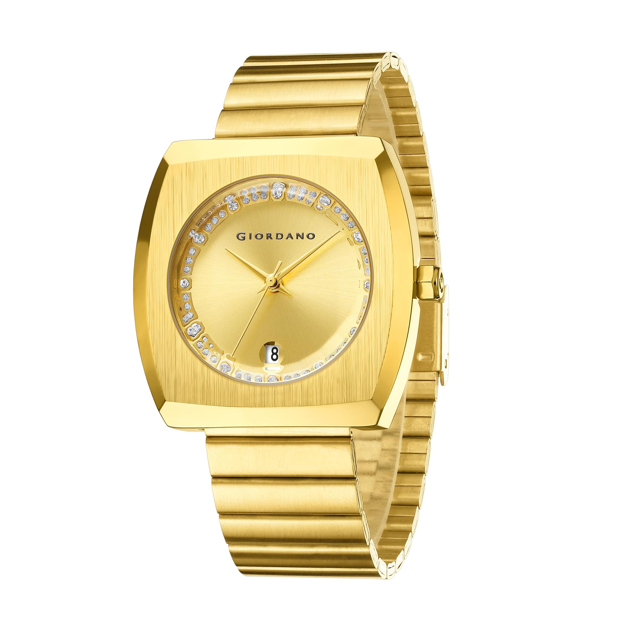 Giordano Square Analog Watch for men –  Sunray gloss Dial with Crystal Hour Markers, Date Display & Stainless Steel Strap – Stylish Luxury Timepiece | GZ-50155-22