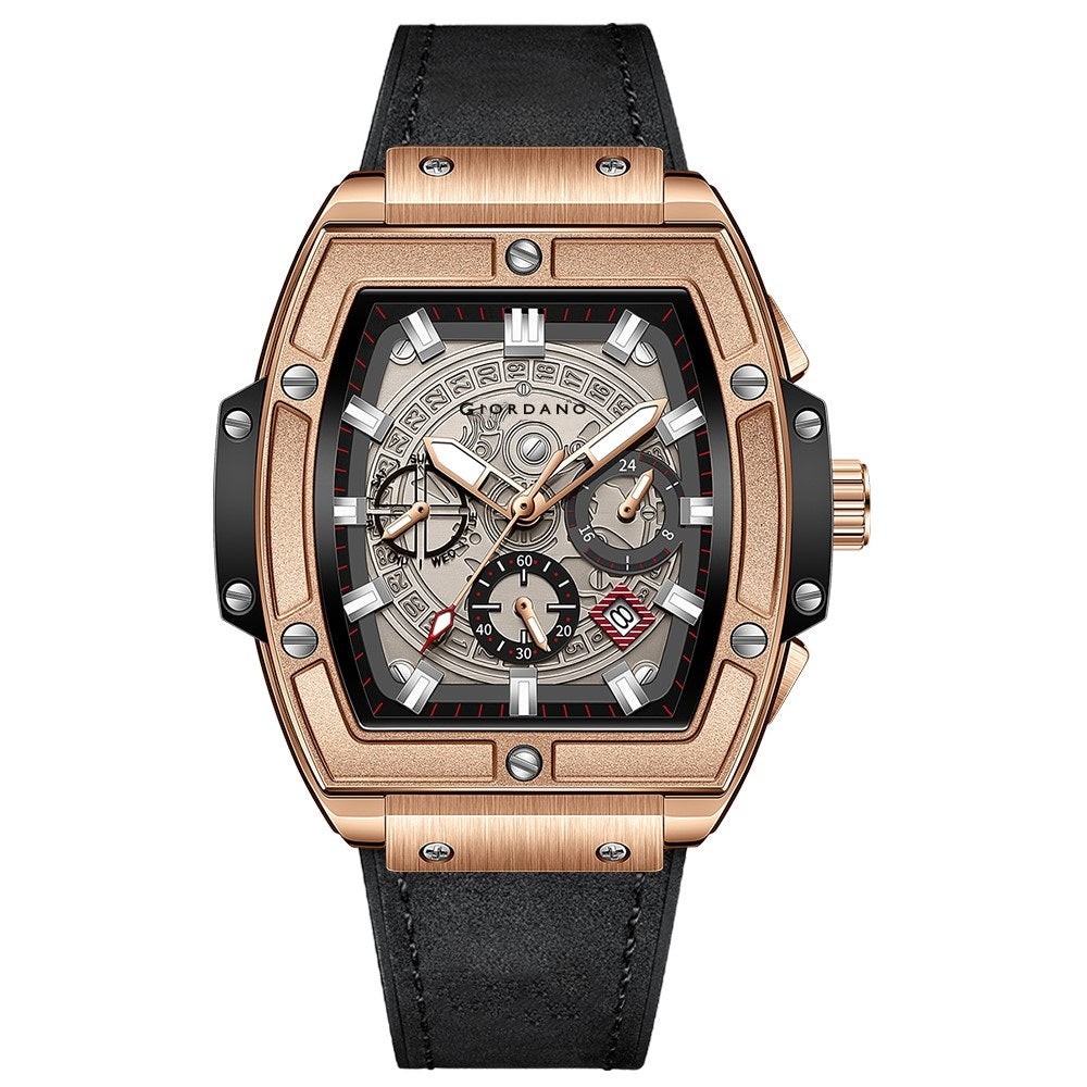 Giordano Men's Rose Gold Leather Multifunction Watch - with Day, Date, and 24-Hour Sub-Dials | Water Resistant Square Dial Unique Design Wrist Watch for Man | GZ-50098-02
