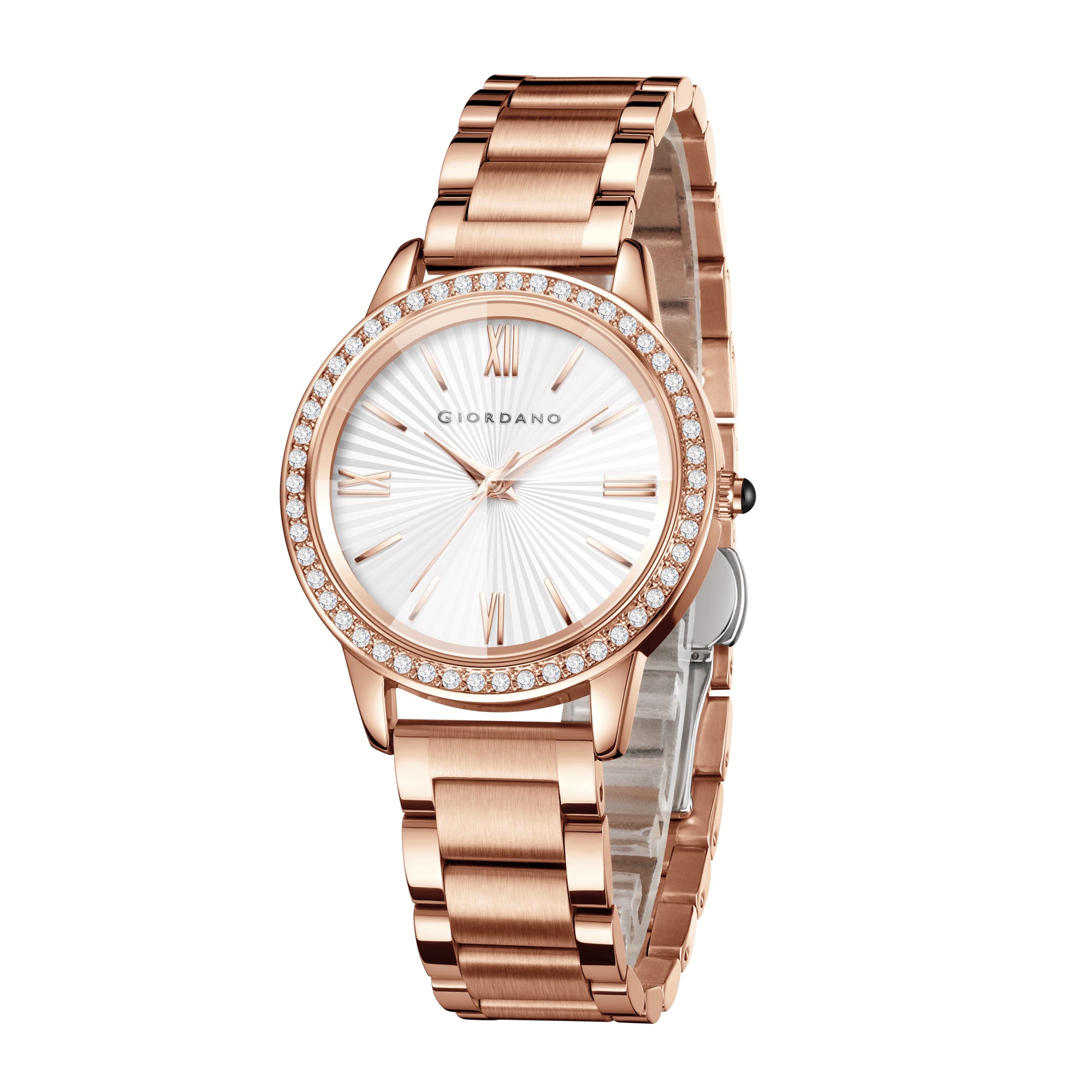 Giordano classic Watch for Women with Round Diamond Cut Glass Dial, Elegant Stainless Steel Strap with Quartz Movement | GZ-60118-44