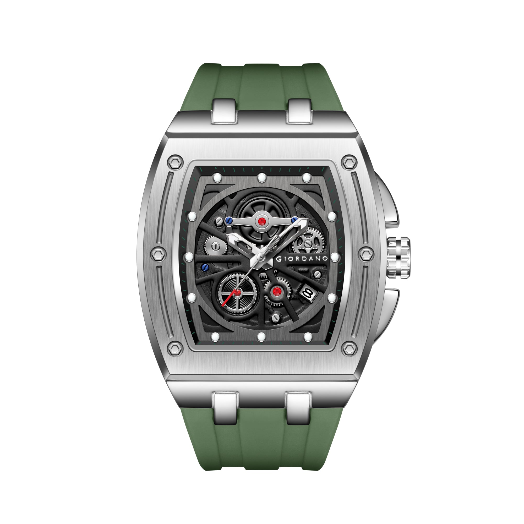 Giordano Sqaure Analog Casual Sporty Watch for Men – Mechanical-Inspired Dial, Date Display, Quartz Movement and Comfortable Silicone Strap | GZ-50151-03