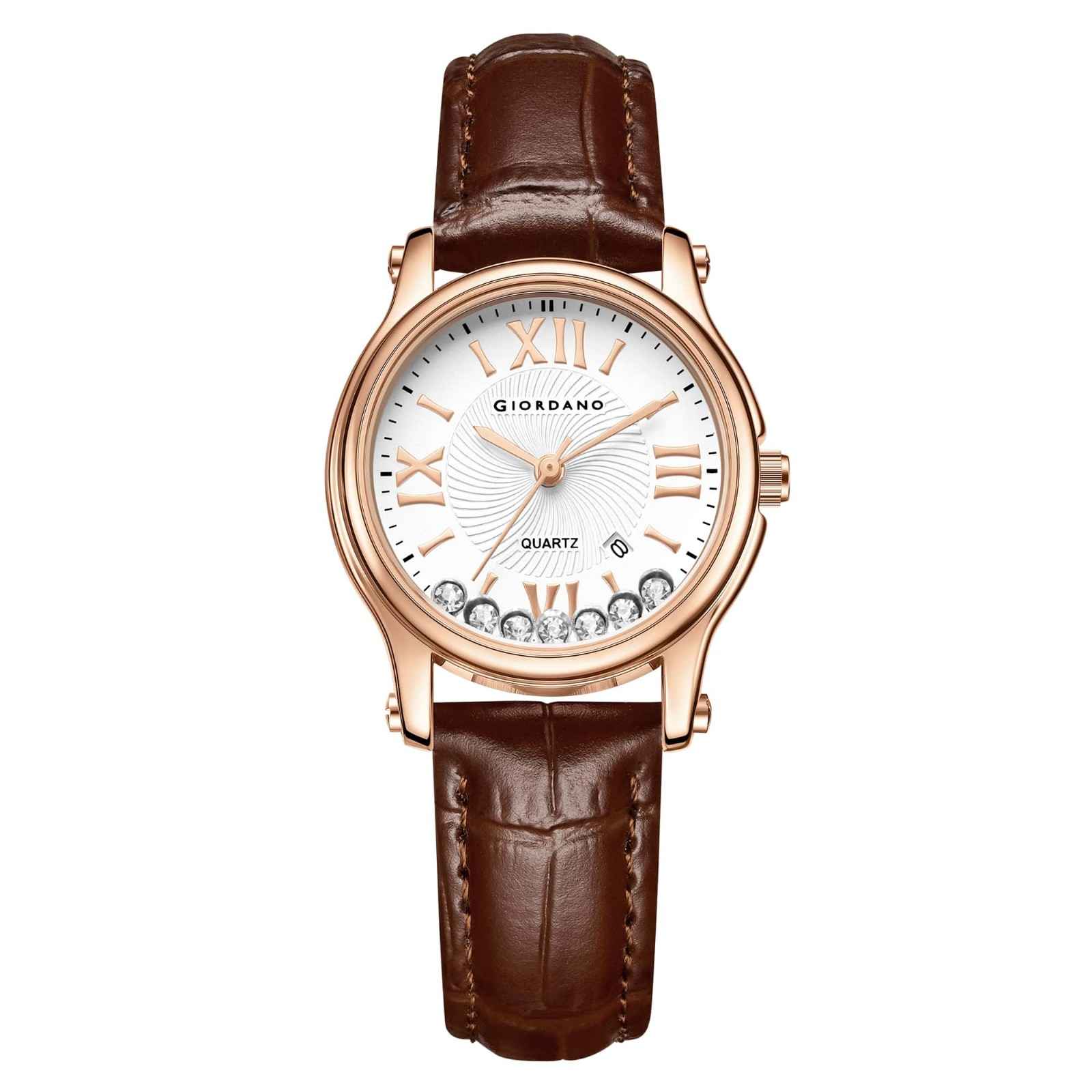 Giordano Luxury Analog Quartz Watch for Women – Rose Gold Case, Roman Numerals, Crystal-Studded Dial, Leather Strap – Elegant Timepiece - GZ-60142-22