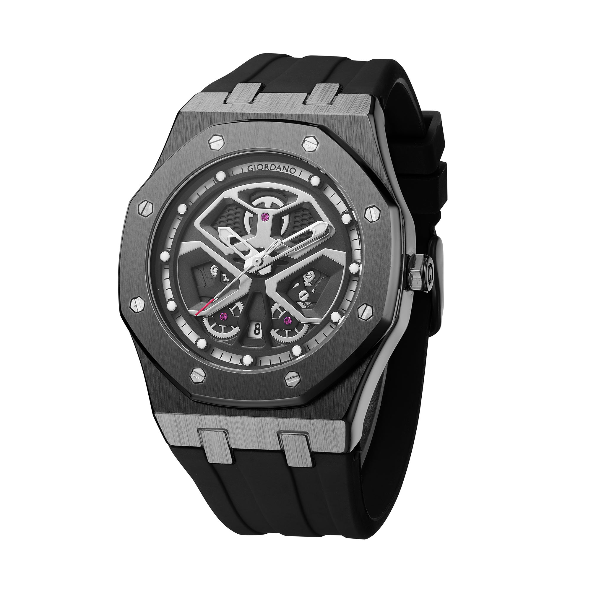 Giordano Skeleton style Dial Analog Watch for Men– Luxury Sport Watch with Silicone Strap & Brushed Metal Case – Bold & Modern Design | GZ-50146-01