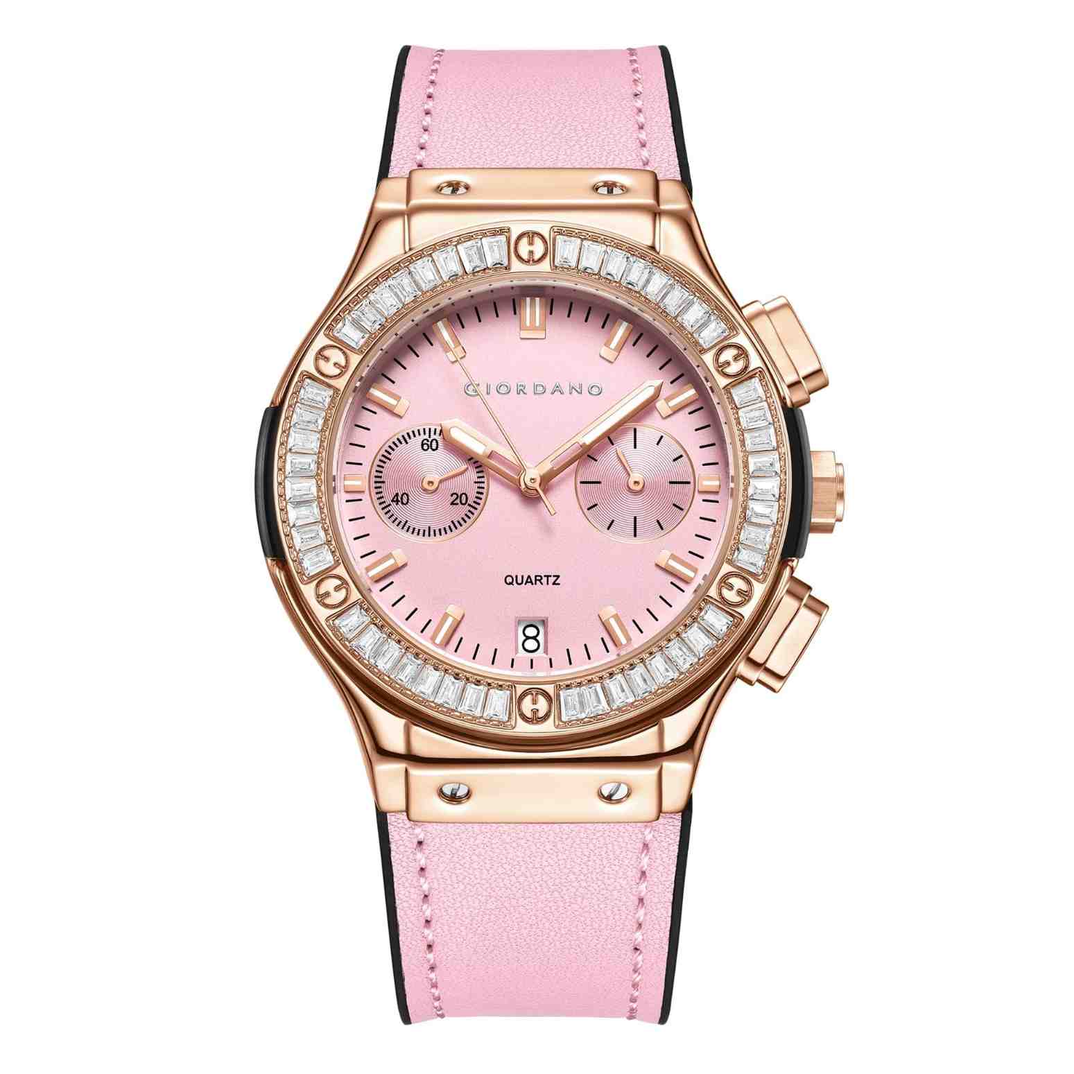 Giordano analog Watch for Women  – Round Dial,  Leather Strap, Crystal-Studded Bezel with Quartz Movement-GZ-60093-04