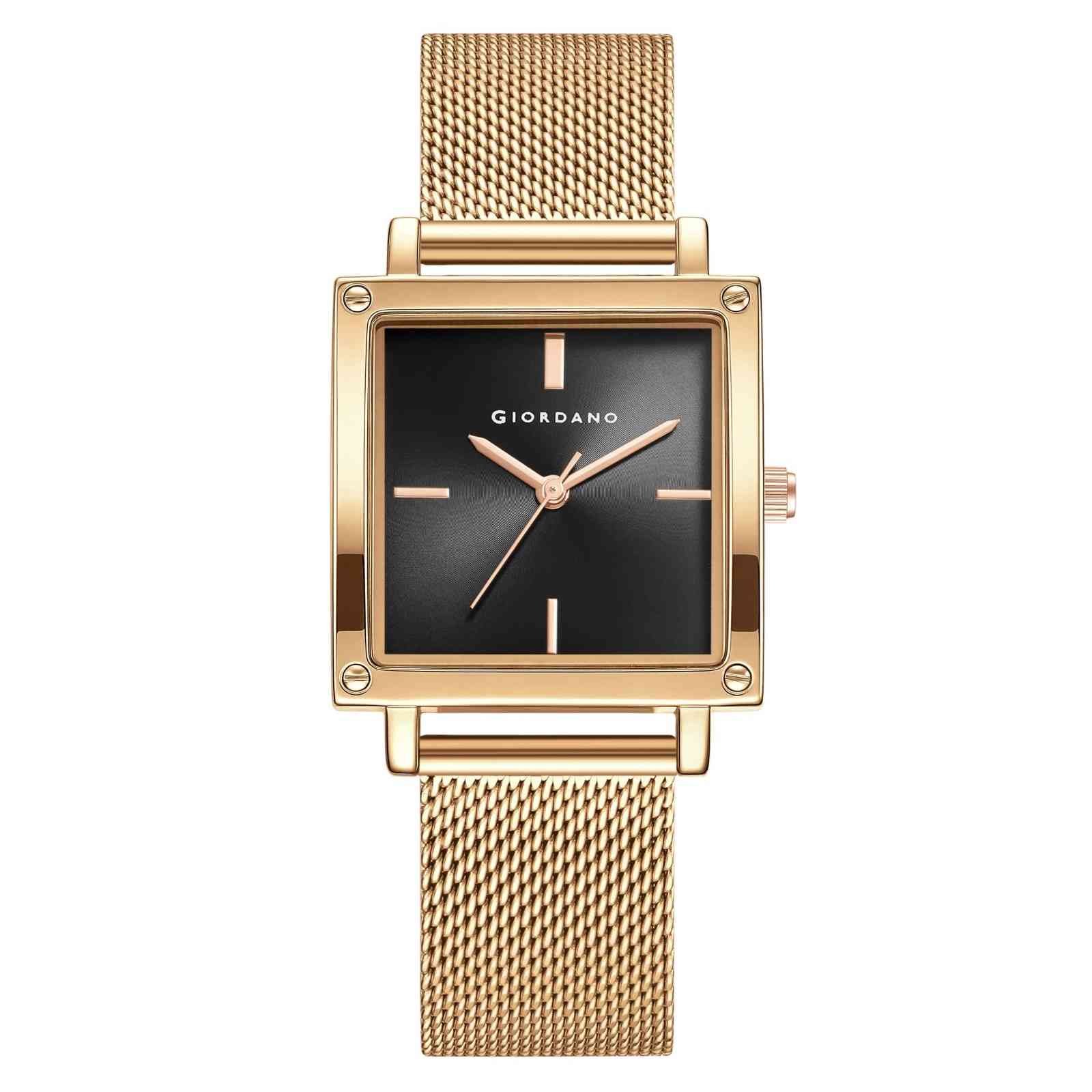 GIORDANO Classic Analog Watch for Women | Sunray Square Dial, Minimal Index Markers & Stainless Steel Mesh Strap - GZ-60124-11
