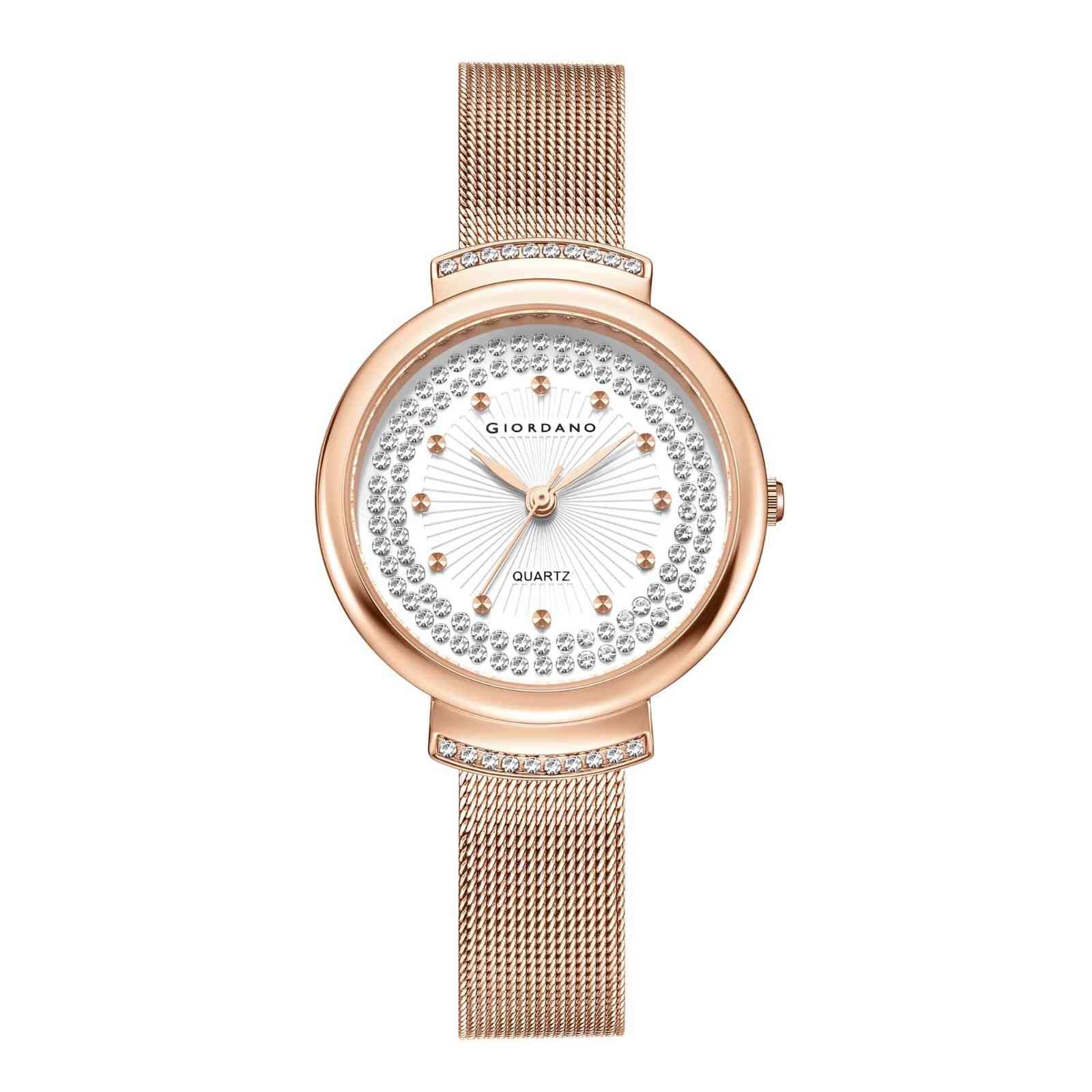 Giordano Luxury Rose Gold Analog Watch for Women – Crystal Embellished Dial, Mesh Strap, Quartz Movement – Elegant Timepiece - GZ-60143-11