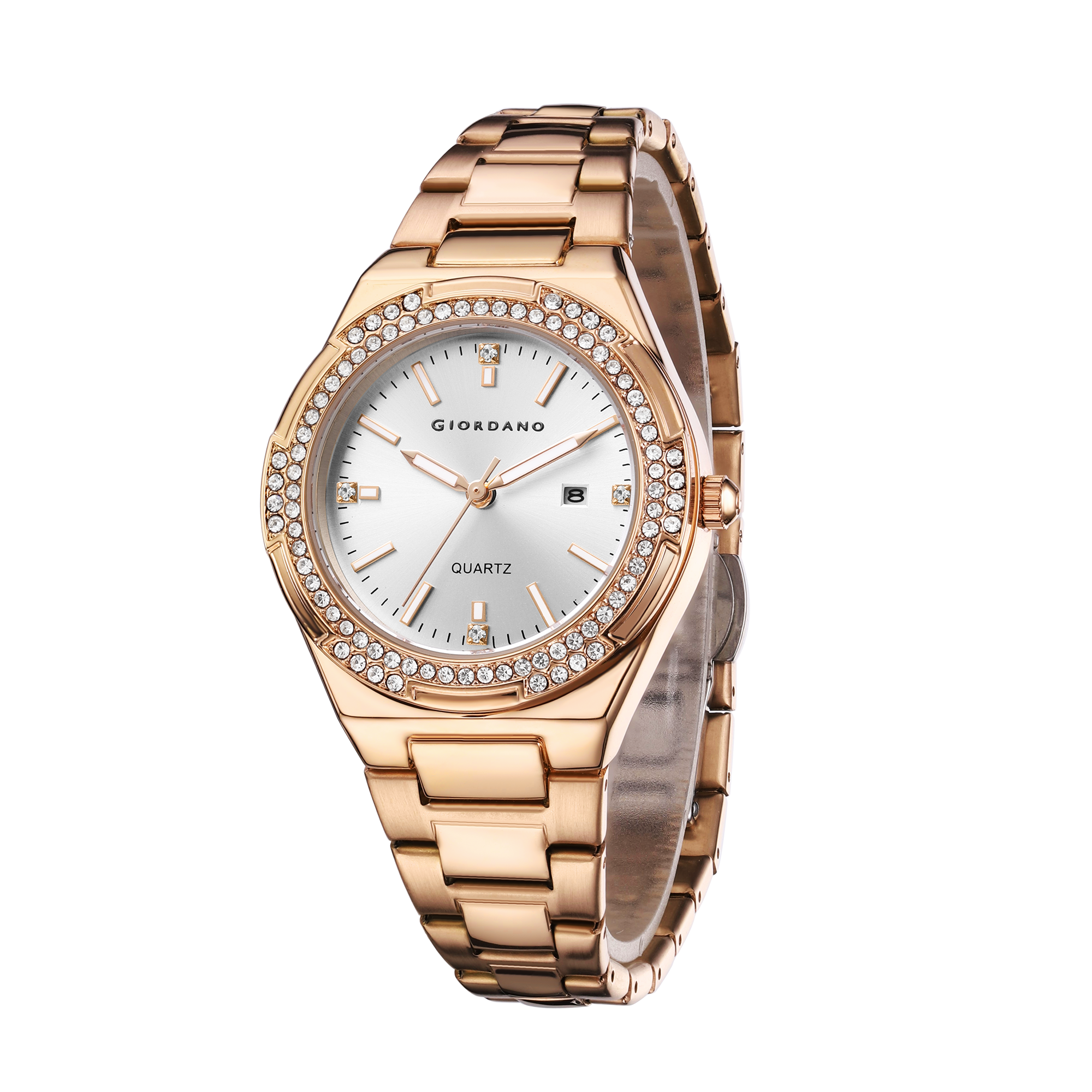 Giordano Analog watch for women with Crystal Bezel, round gloss finish dial, stainless steel strap and date display | GZ-60112-11