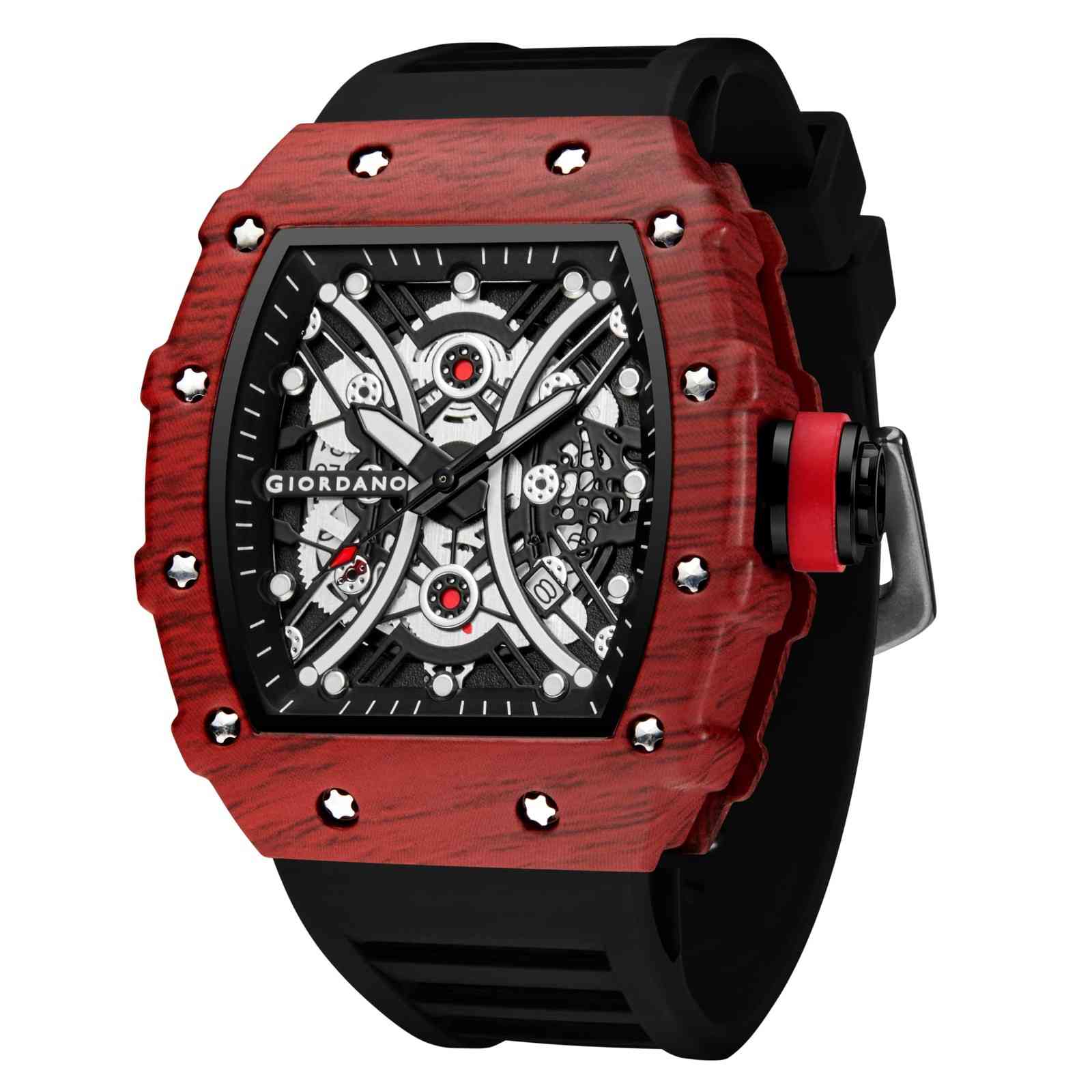 GIORDANO Analog Square Watch for Men with Skeleton Design, Rugged Textured Case, Luminous Hands, and Silicone Strap - GZ-50180-22