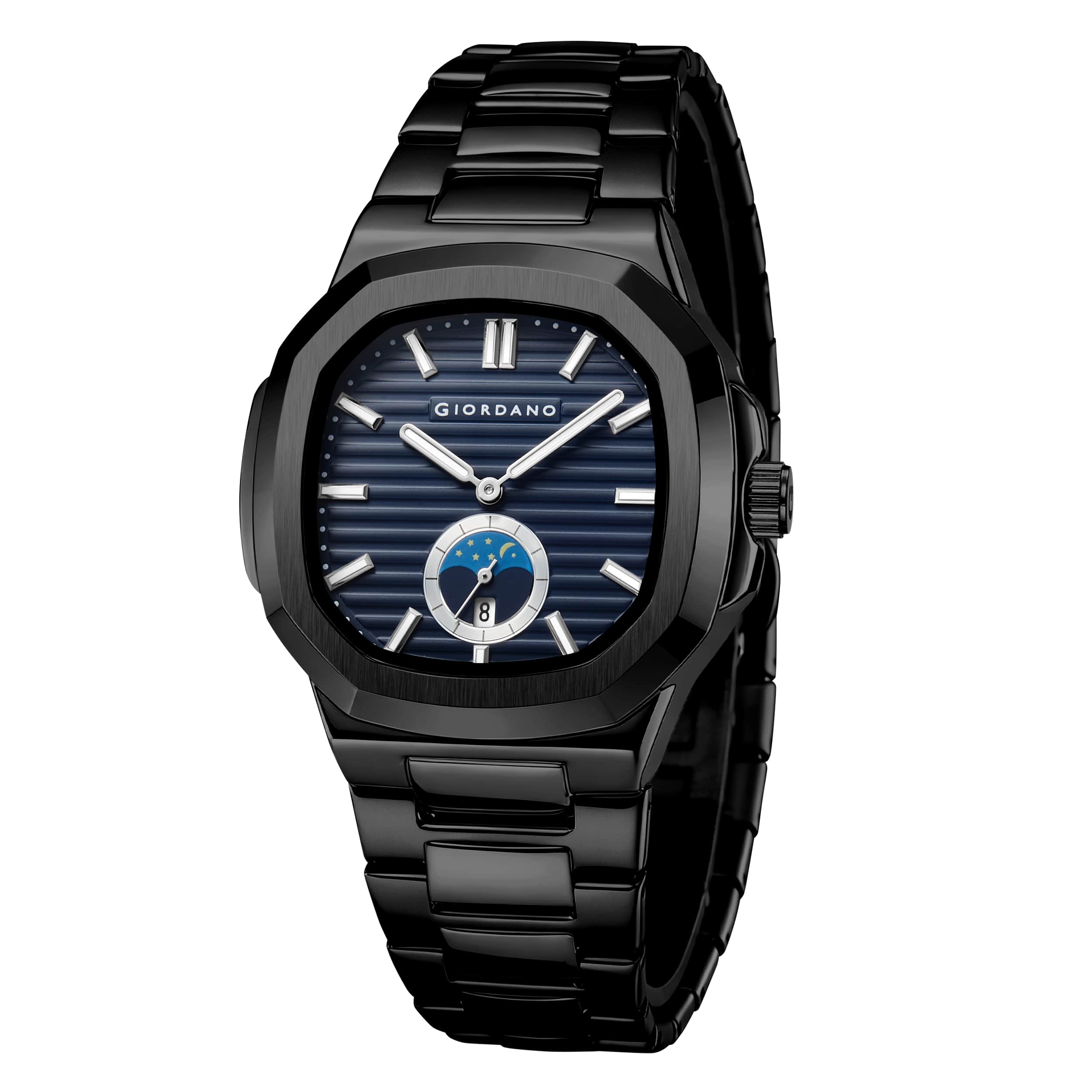 GIORDANO Analog Watch for Men – Classic Moon Phase Design with Textured Dial, Durable Stainless Steel Strap, and Date Display - GZ-50179-22