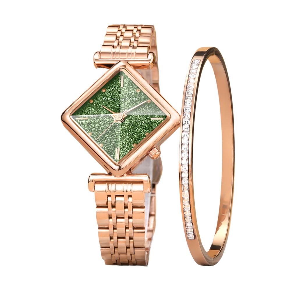Giordano Rose Gold Analog Watch For Women with Bracelet Set – Diamond-Shaped Shimmer Dial, Crystal Detailing & Stainless Steel Strap – Elegant Gift Combo for Women | GZ-60106-22