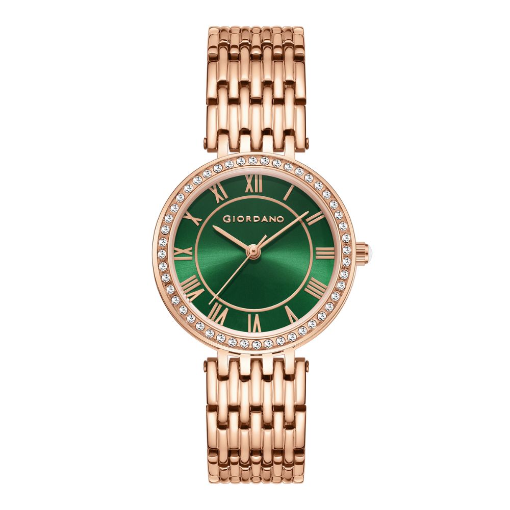 Giordano Eleganza Collection Watch for Women with Stainless Steel Strap and Crystal Embellished Bezel, Roman Numerals-A2083-11B