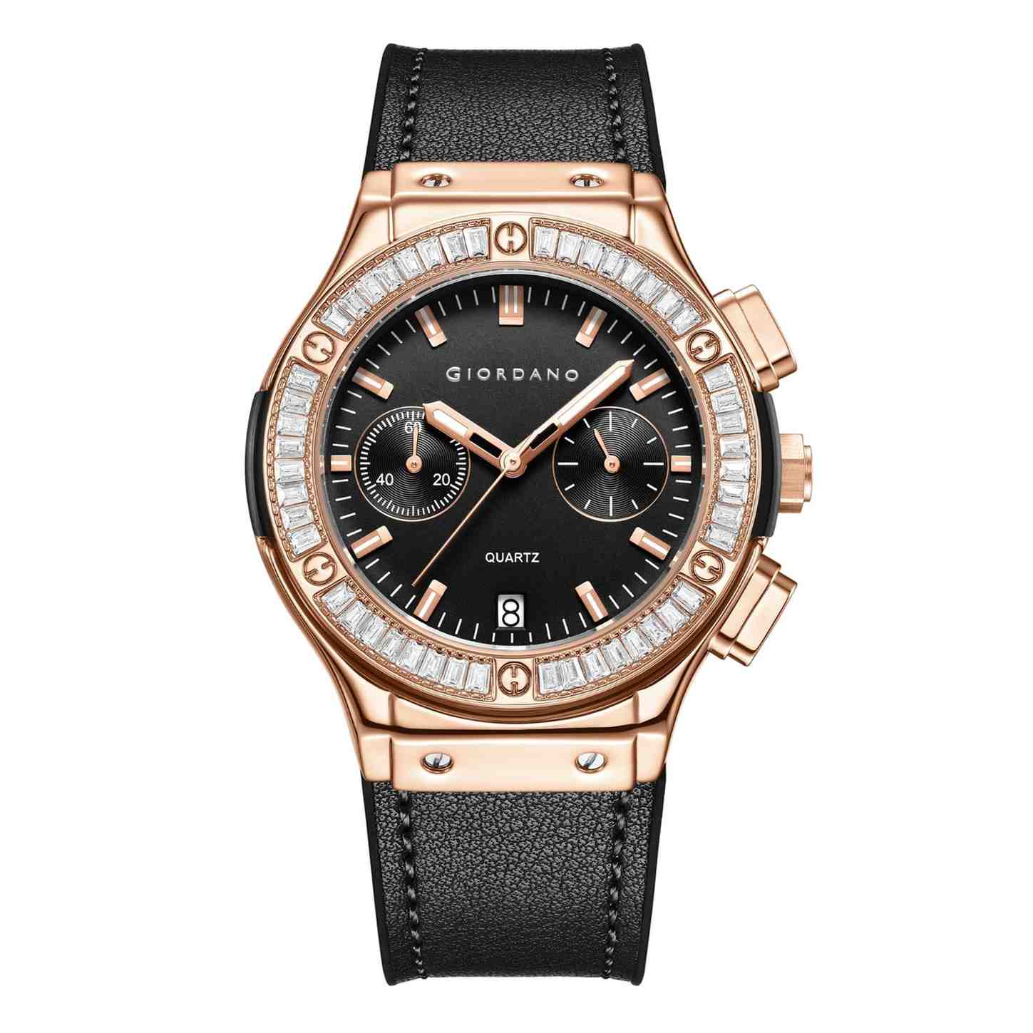 Giordano analog Watch for Women  – Round Dial,  Leather Strap, Crystal-Studded Bezel with Quartz Movement-GZ-60093-06