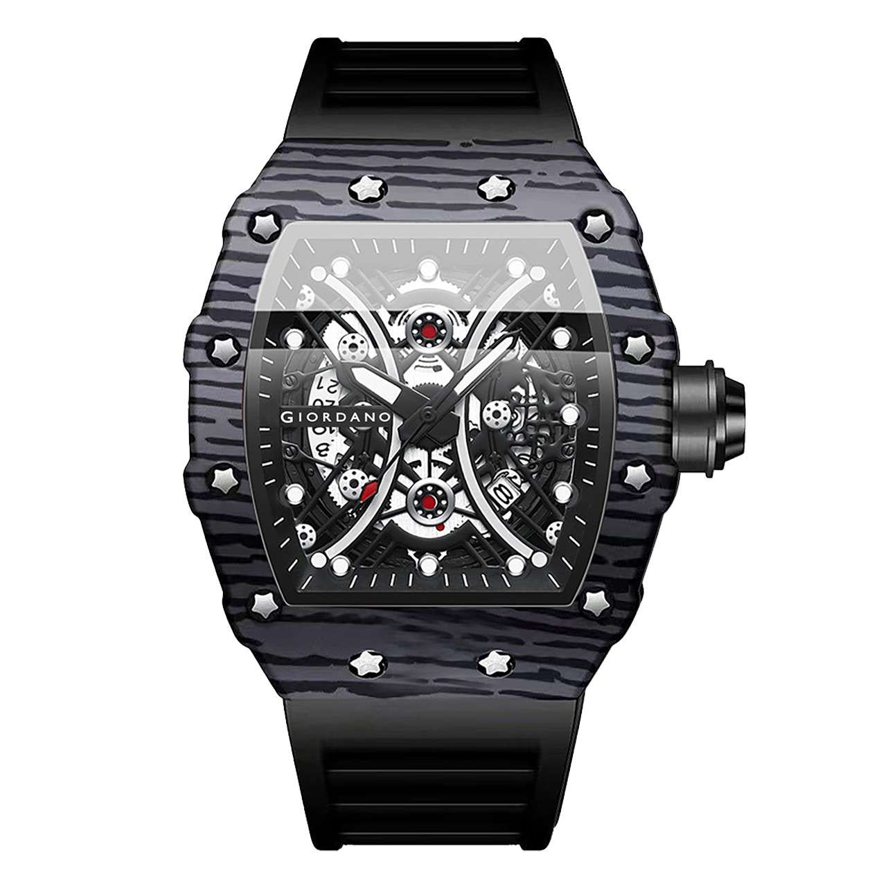 GIORDANO Analog Square Watch for Men with Skeleton Design, Rugged Textured Case, Luminous Hands, and Silicone Strap - GZ-50180-11
