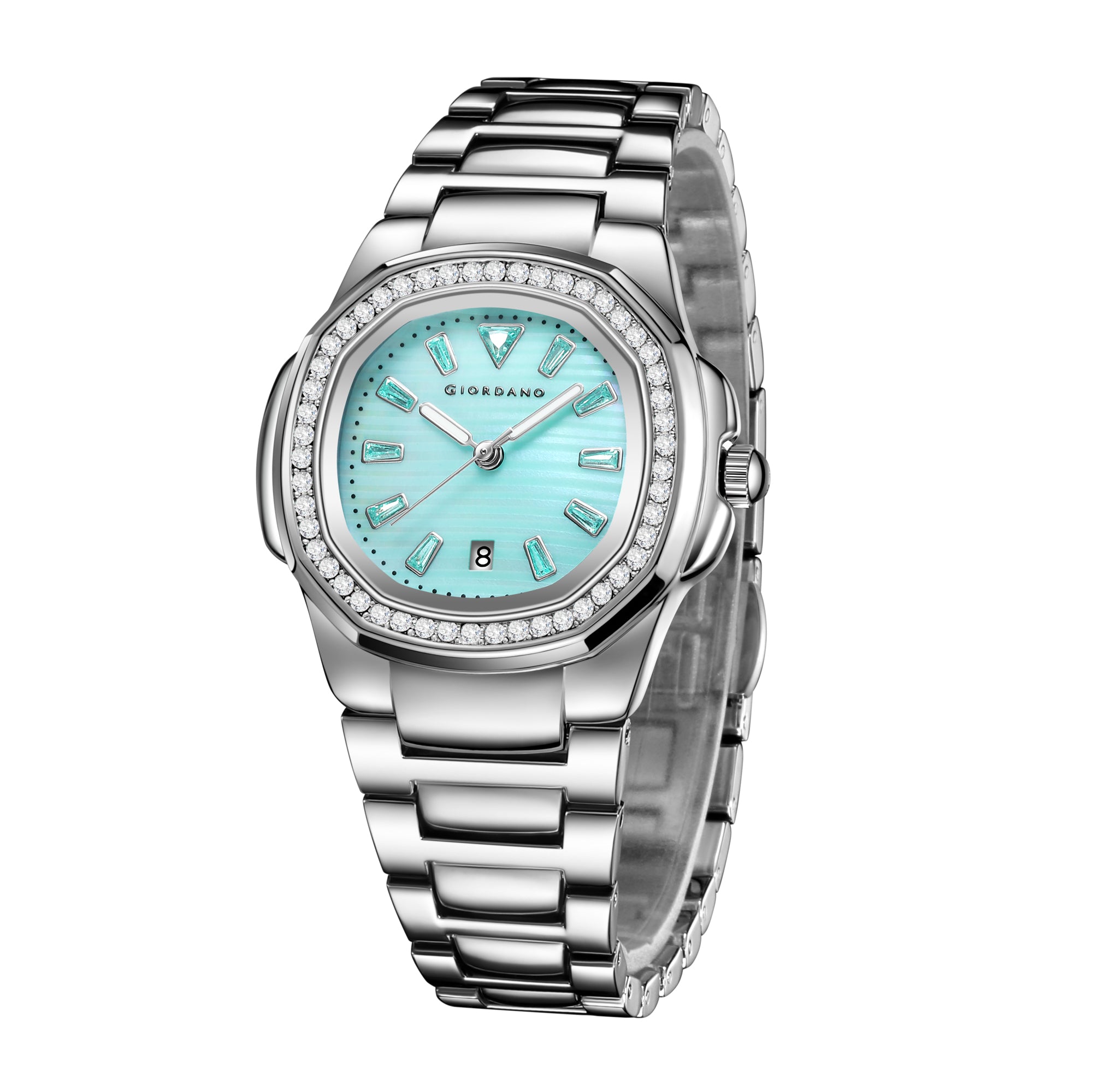 Giordano Luxury Watch for Women with crystal indices ,textured Dial, stainless steel strap and date display | GZ-60116-11