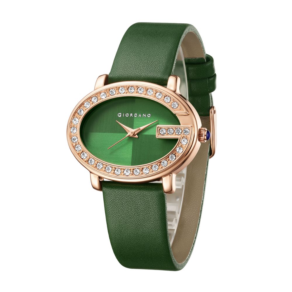 Giordano Monogram Watch for Women with Elegant Oval Shape Dial ,crystal bezel, Quartz Movement and Leather Strap | GZ-60105-04