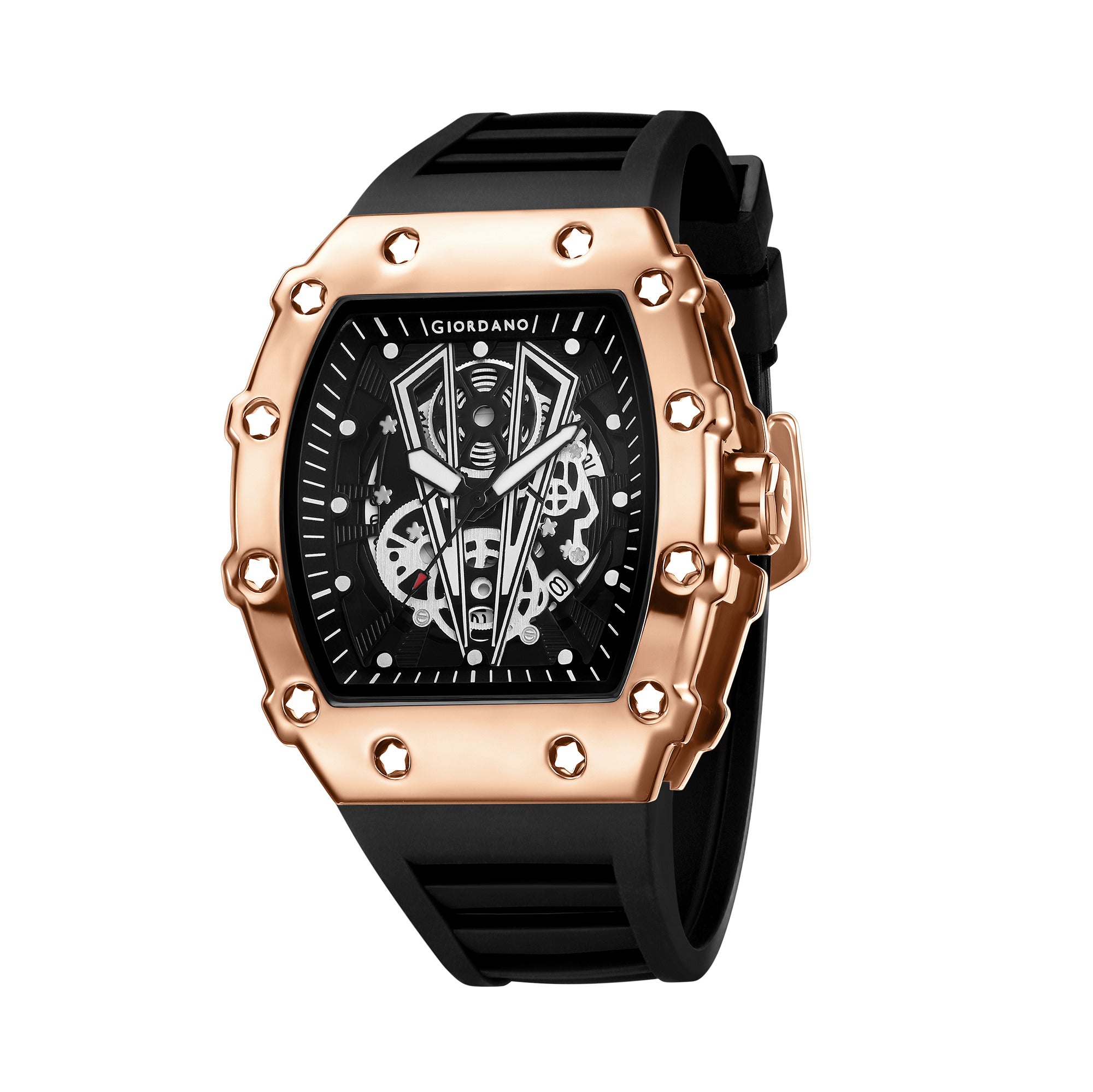 Giordano Analog Quartz Watch for Men with Skeleton Rectangle Black Dial ...