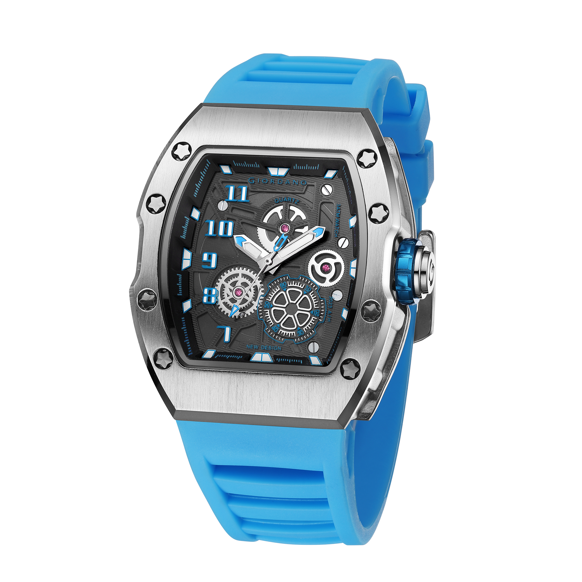 Giordano Sqaure Analog Casual Sporty Watch for Men – Mechanical-Inspired Design dial, Quartz Movement, silicon strap and date display | GZ-50150-04