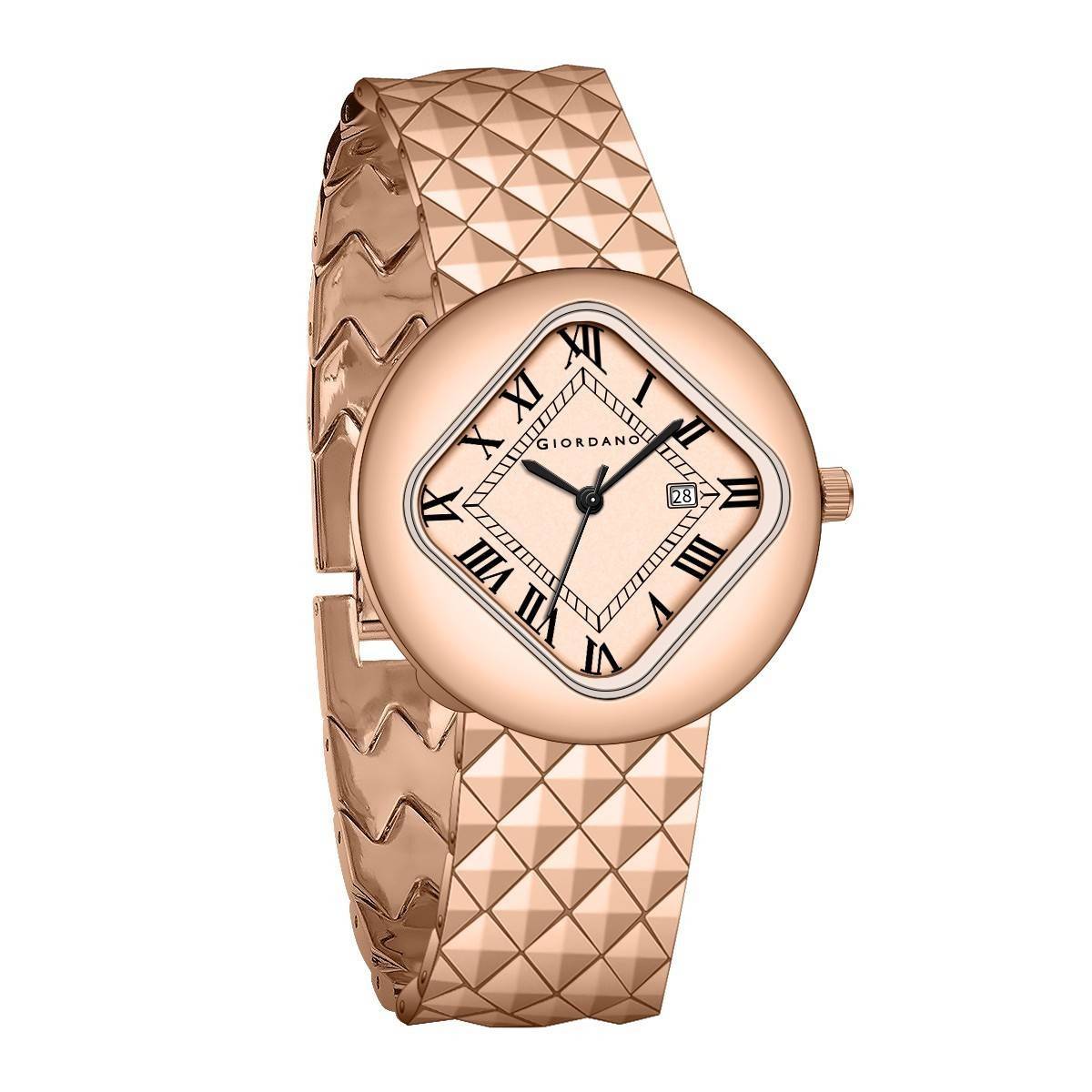 Giordano Elegant Analoge Watch for Women - Unique Rounded-Square Dial, Roman Numeral Dial, Date Display and Textured Stainless Steel Strap | GZ-60121-11