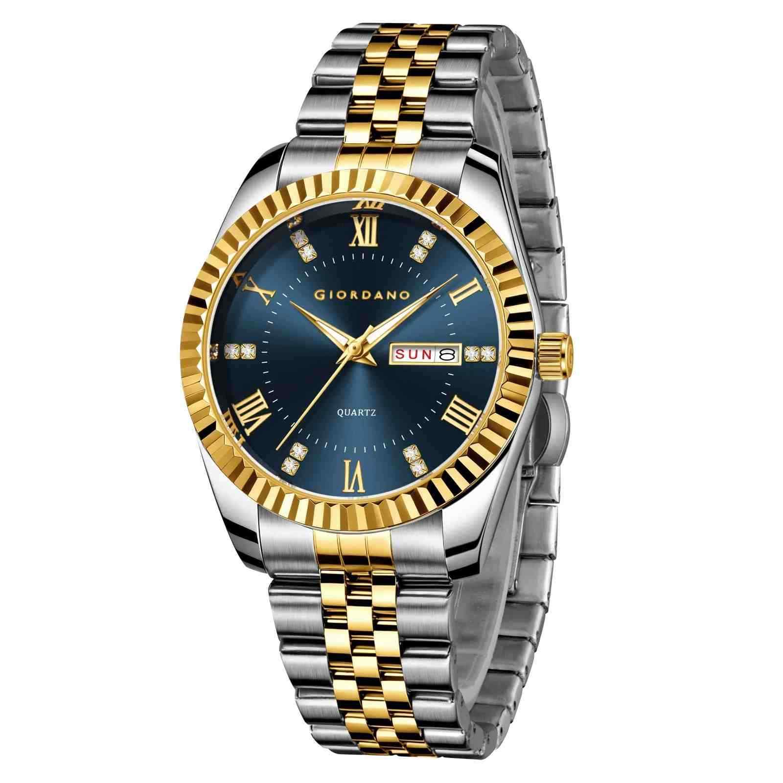 GIORDANO Analog Watch for Men – Luxury Two-Tone Stainless Steel Strap, Gold Accents, Crystal Hour Markers, Fluted Bezel, and Day-Date Display - GZ-50173-33
