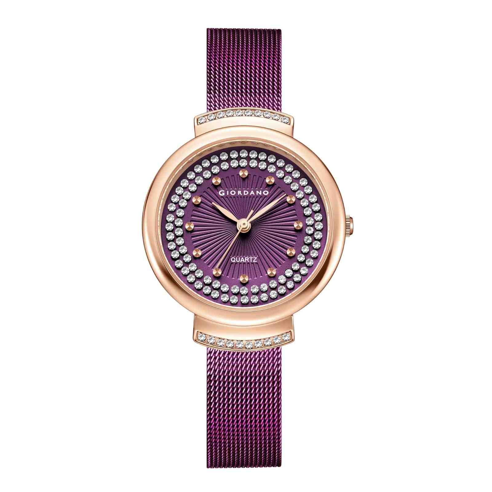 Giordano Luxury Rose Gold Analog Watch for Women – Crystal Embellished Dial, Mesh Strap, Quartz Movement – Elegant Timepiece - GZ-60143-22