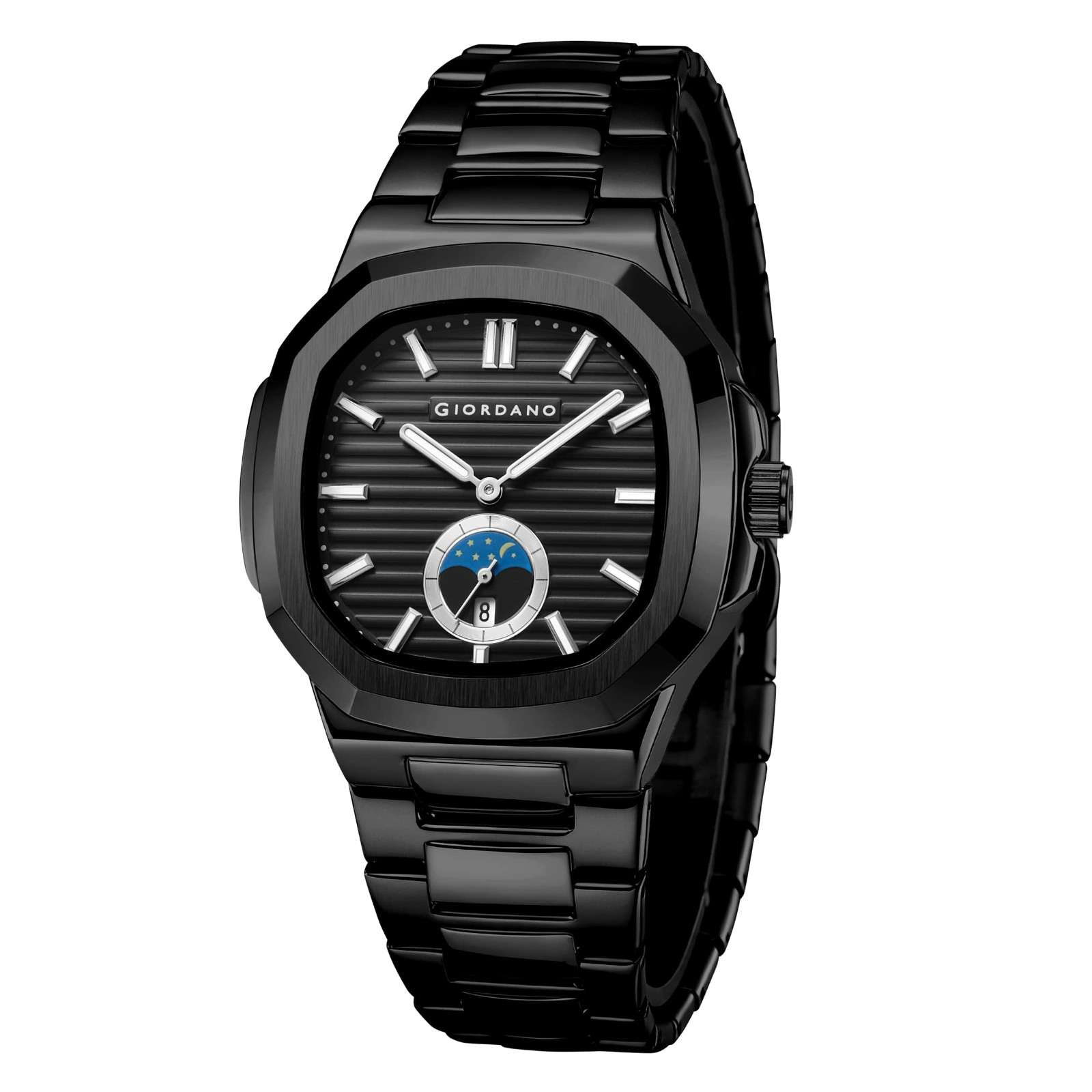 GIORDANO Analog Watch for Men – Classic Moon Phase Design with Textured Dial, Durable Stainless Steel Strap, and Date Display - GZ-50179-11