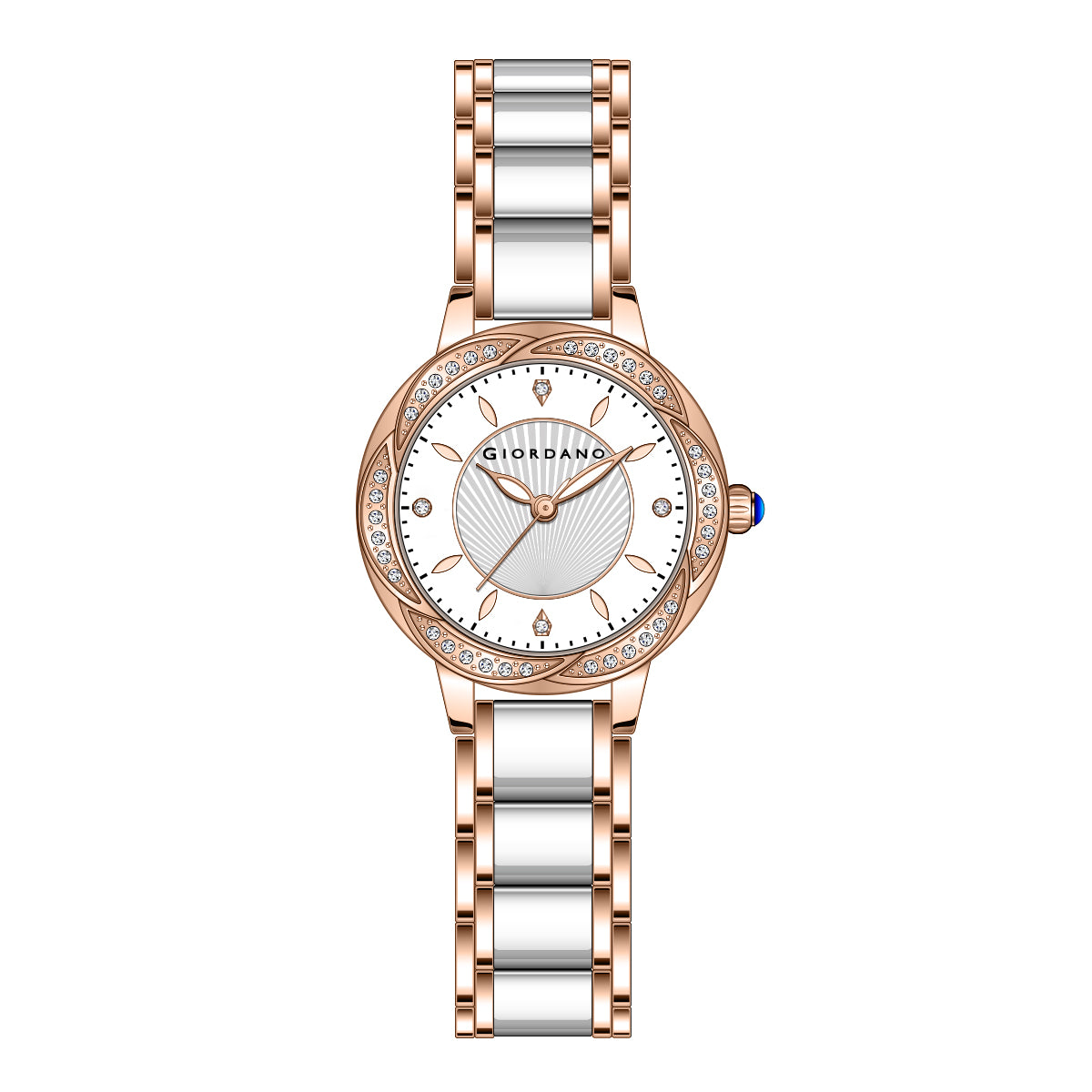 Giordano Flower Case Watch for Women with Crystal-Studded Bezel, Diamond Hour Markers & Dual Tone Stainless Strap | GZ-60095-33