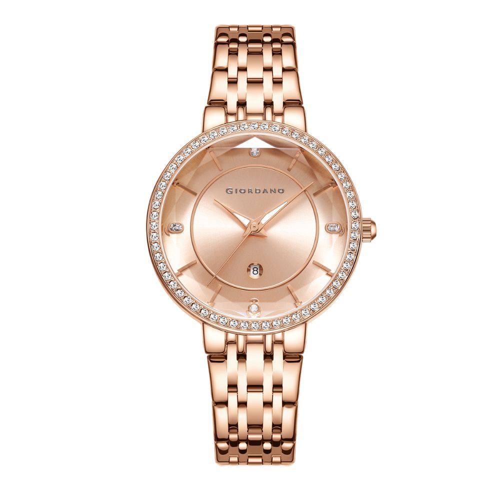 Giordano Stylish Analog Watch for Women – Round cut glass Dial,diamond studed bezel, stainess steel strap and date display | GZ-60110-44