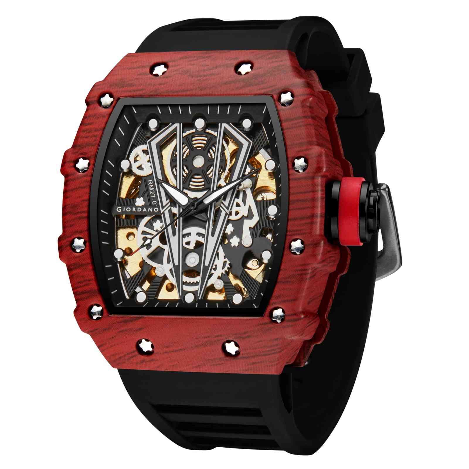GIORDANO Automatic Square Watch for Men with Skeleton Design, Rugged Textured Case, Luminous Hands, and Silicone Strap - GZ-50181-22