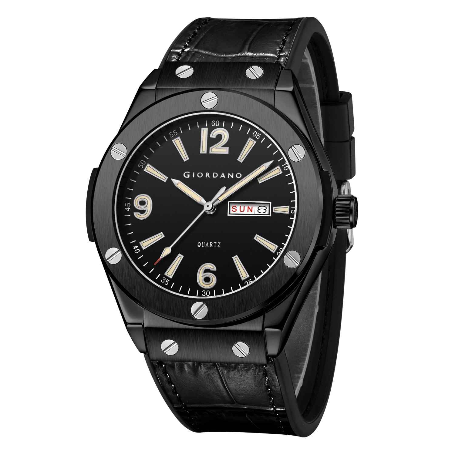 GIORDANO Luxury Watch for Men with Leather Strap, Day-Date Display, Brushed Metal Finish, and Silver Screw Details - GZ-50176-01