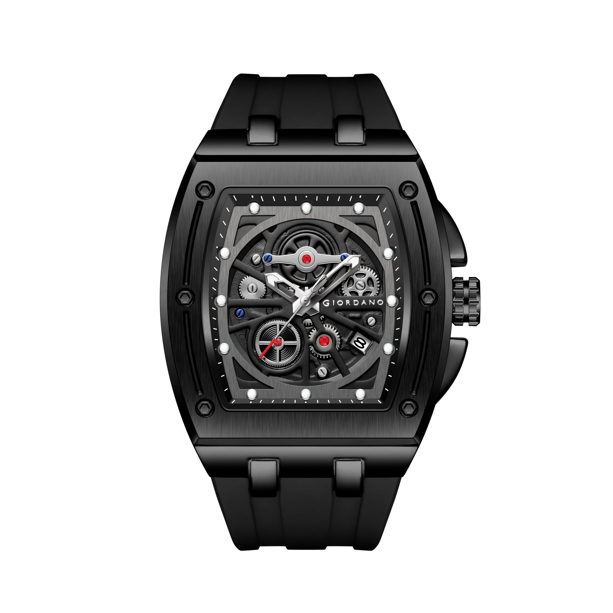 Giordano Sqaure Analog Casual Sporty Watch for Men – Mechanical-Inspired Dial, Date Display, Quartz Movement and Comfortable Silicone Strap | GZ-50151-01