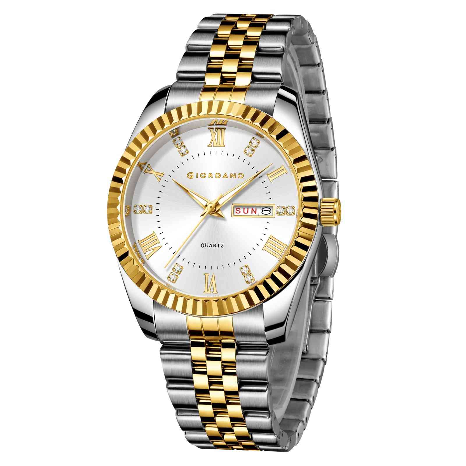 GIORDANO Analog Watch for Men – Luxury Two-Tone Stainless Steel Strap, Gold Accents, Crystal Hour Markers, Fluted Bezel, and Day-Date Display - GZ-50173-22