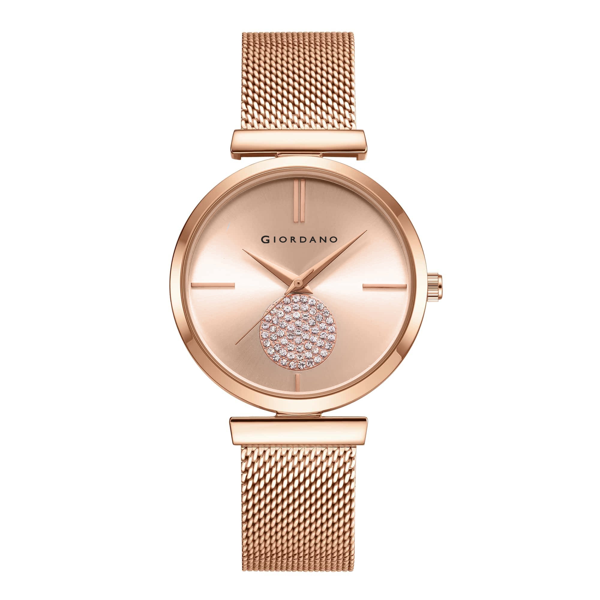 Giordano Eleganza Collection Analog Watch for Women with Crystal Studded Dial and Metallic Mesh Strap GD-4066-33